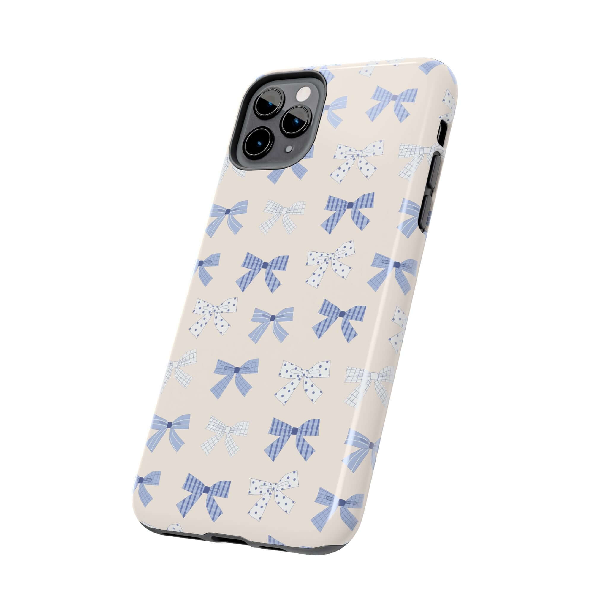 Cute blue bow design iPhone 16 case for bride-to-be, playful and protective phone accessory.