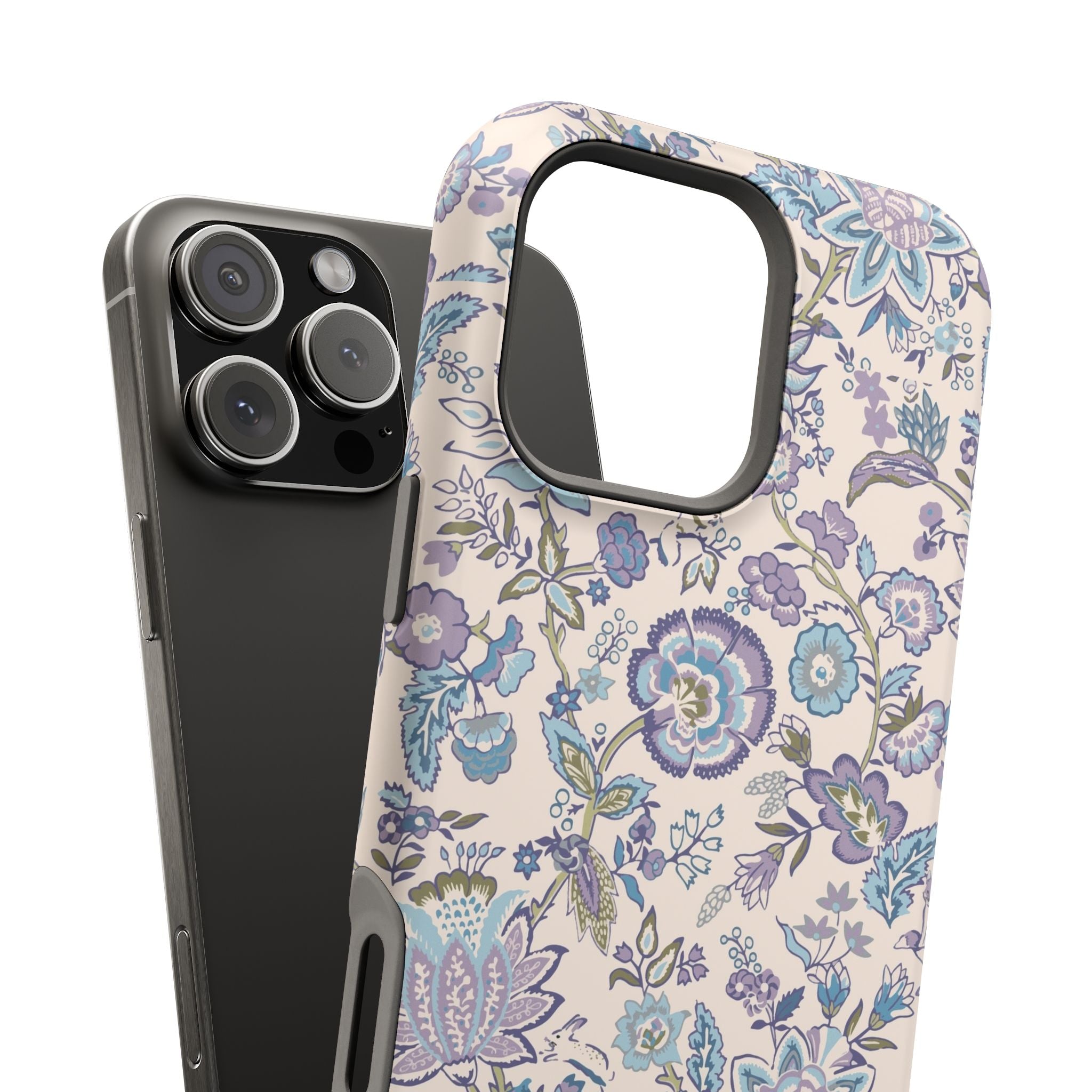 Blue floral CottageCore MagSafe iPhone case, cute phone cover featuring whimsical garden design, perfect for nature lovers.