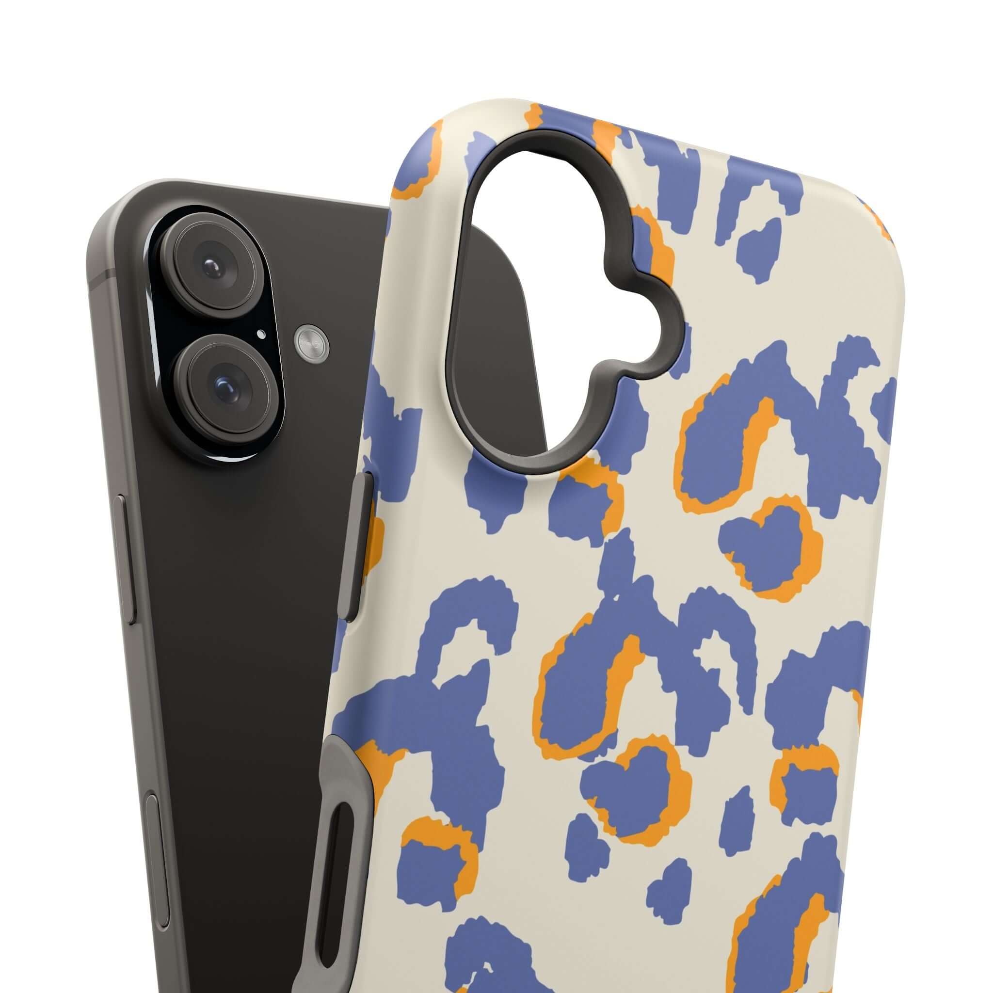 Colorful iPhone case with blue and orange leopard print, designed for a cute and abstract style, featuring MagSafe compatibility.