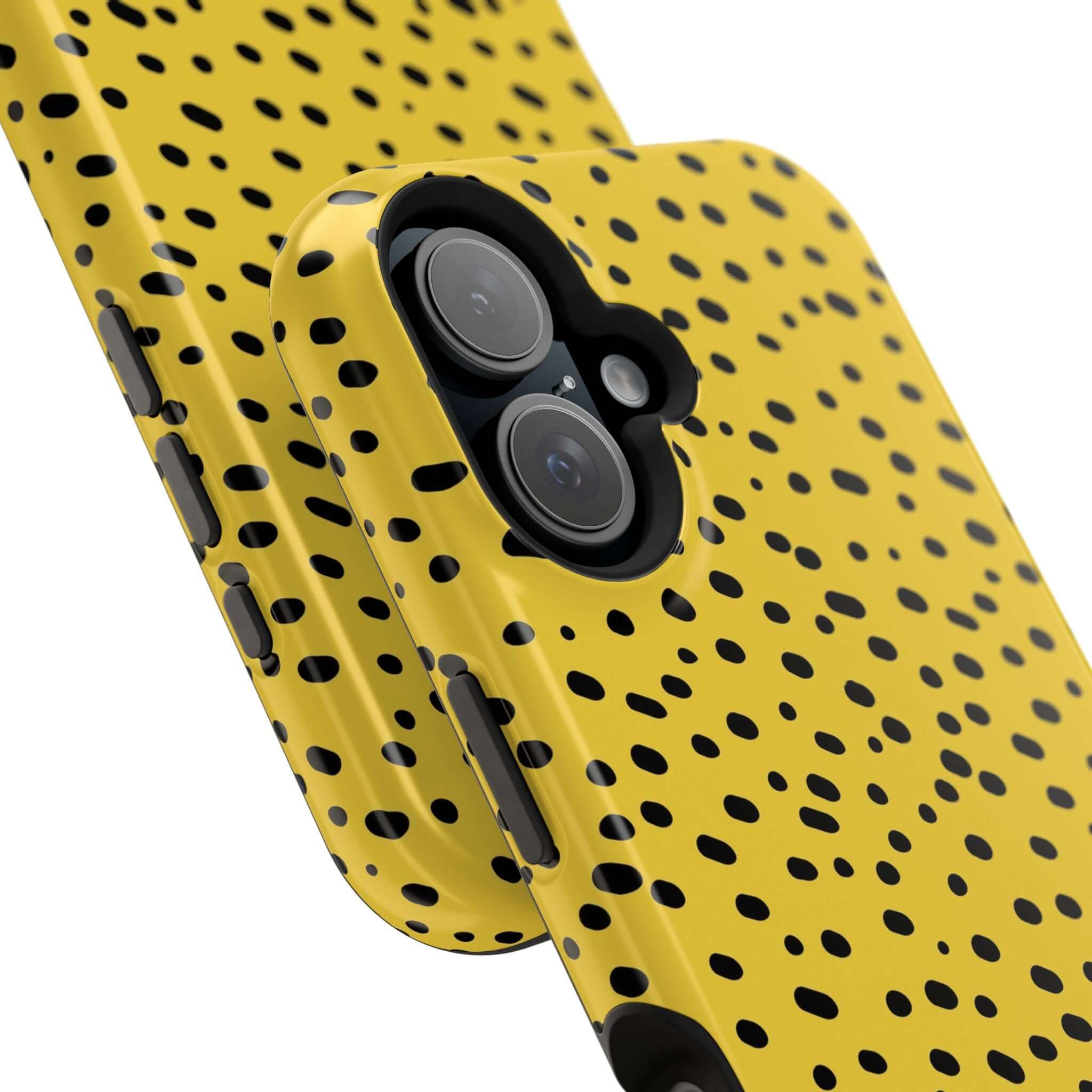 Yellow Cheetah iPhone case with bold black spots, MagSafe compatible. Stylish and protective colorful, cute, abstract phone cover.