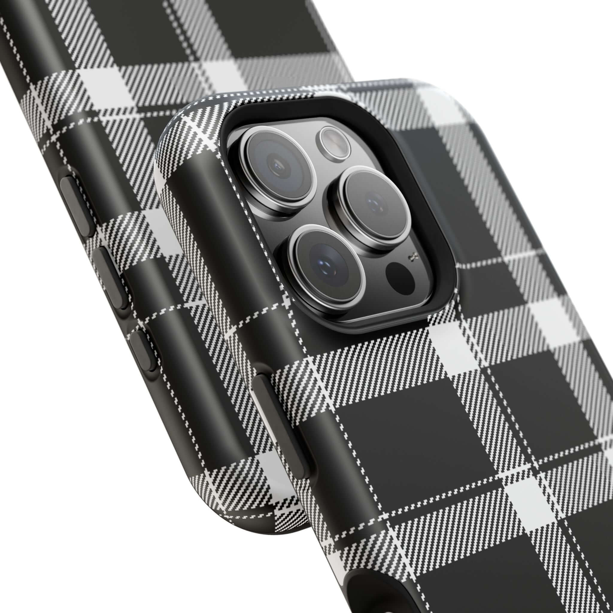 Stylish black plaid phone case showcasing a cute phone cover for Apple iPhone, perfect for fashion-forward individuals.