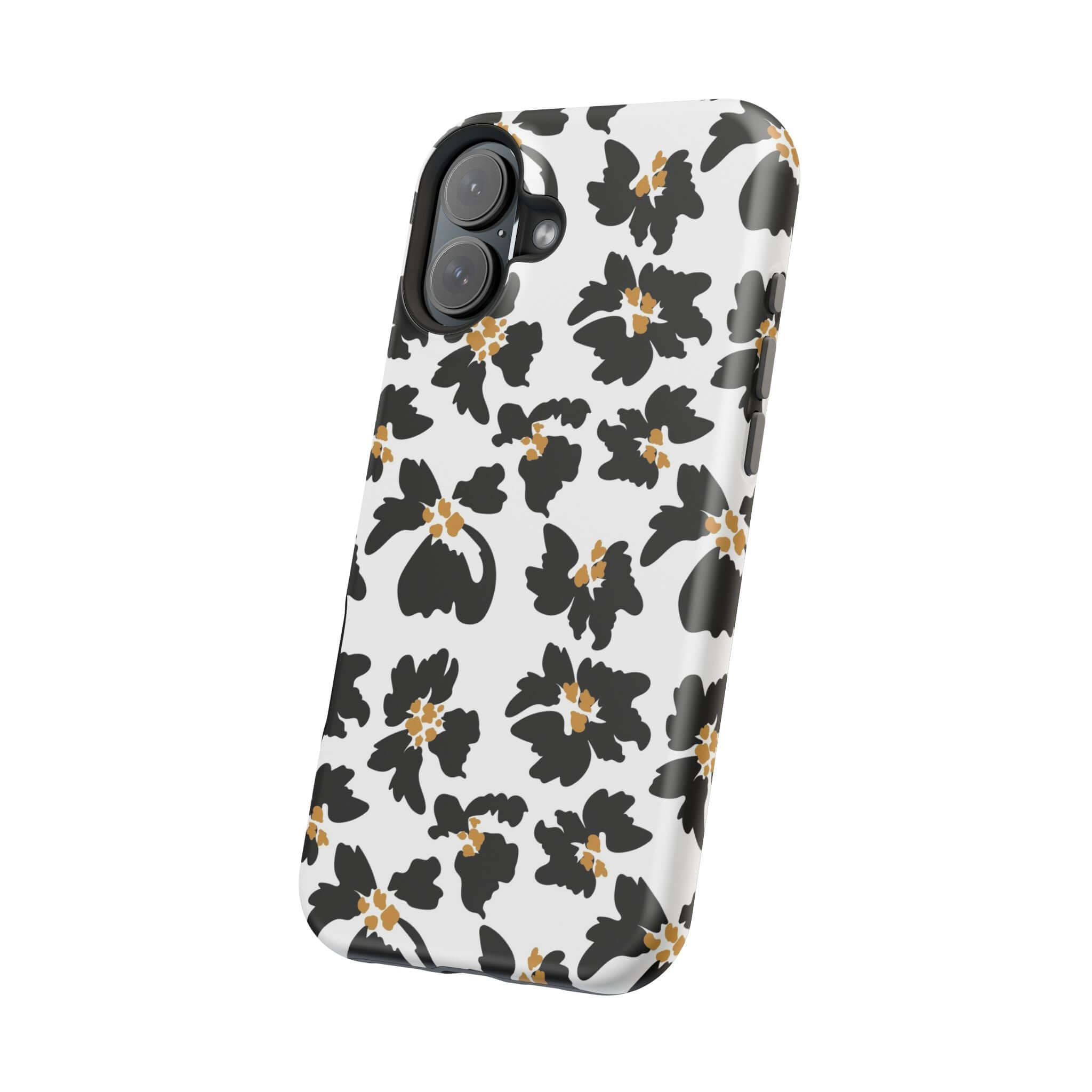 Modern Noir Flora black floral iPhone case with cute animal print design, MagSafe compatible, perfect for stylish phone protection