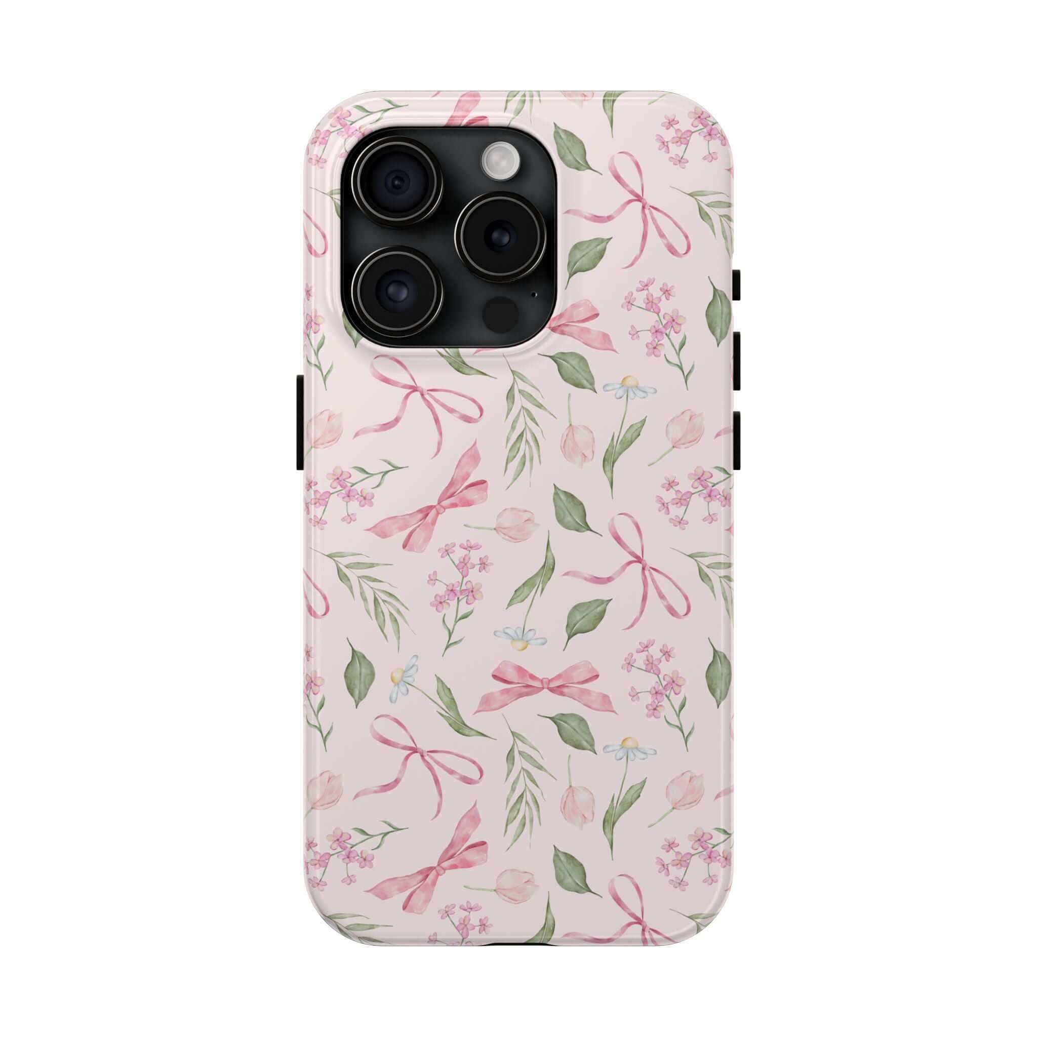 Pink Coquette Bow Case for iPhone 14 and iPhone 15 with cute bow designs, playful and girly phone accessory.