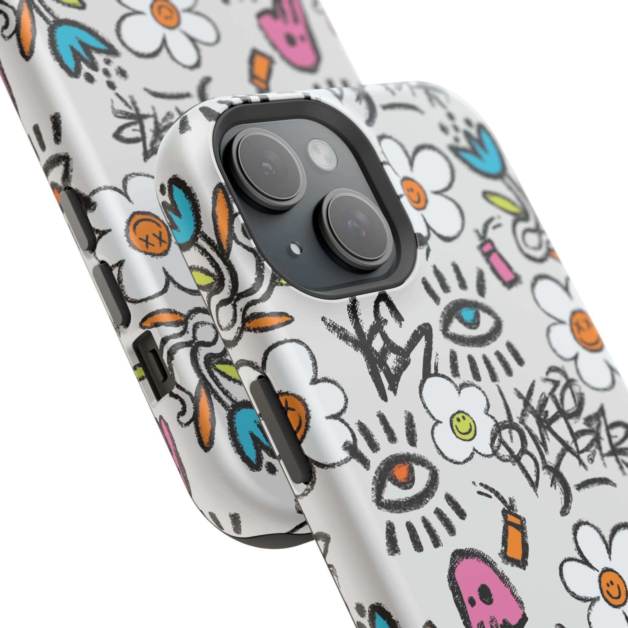 Cute Phone Cover featuring vibrant floral graffiti design, perfect for iPhone with MagSafe technology.