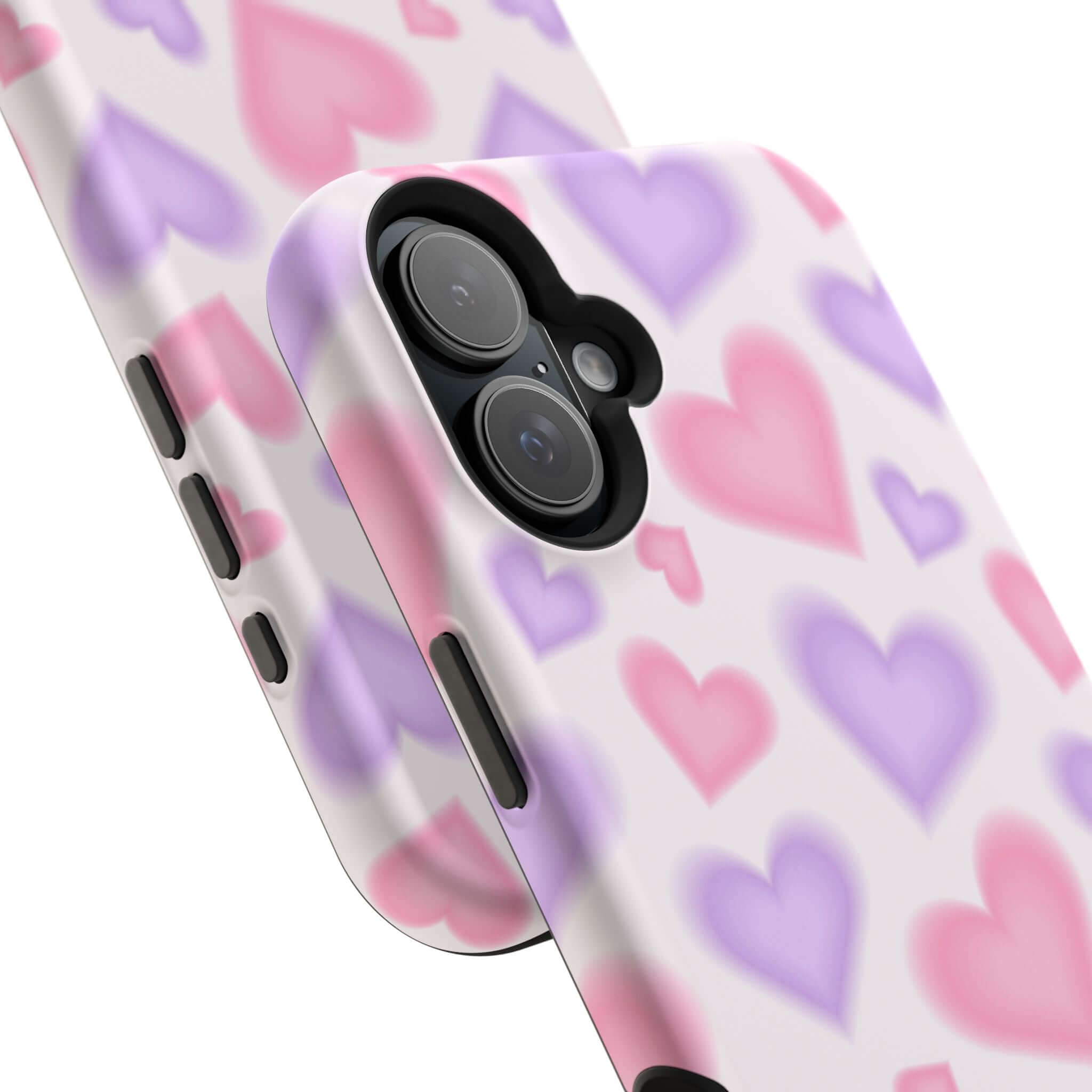 Cute pink and purple heart-patterned Apple iPhone case, perfect for adding love and style to your phone.