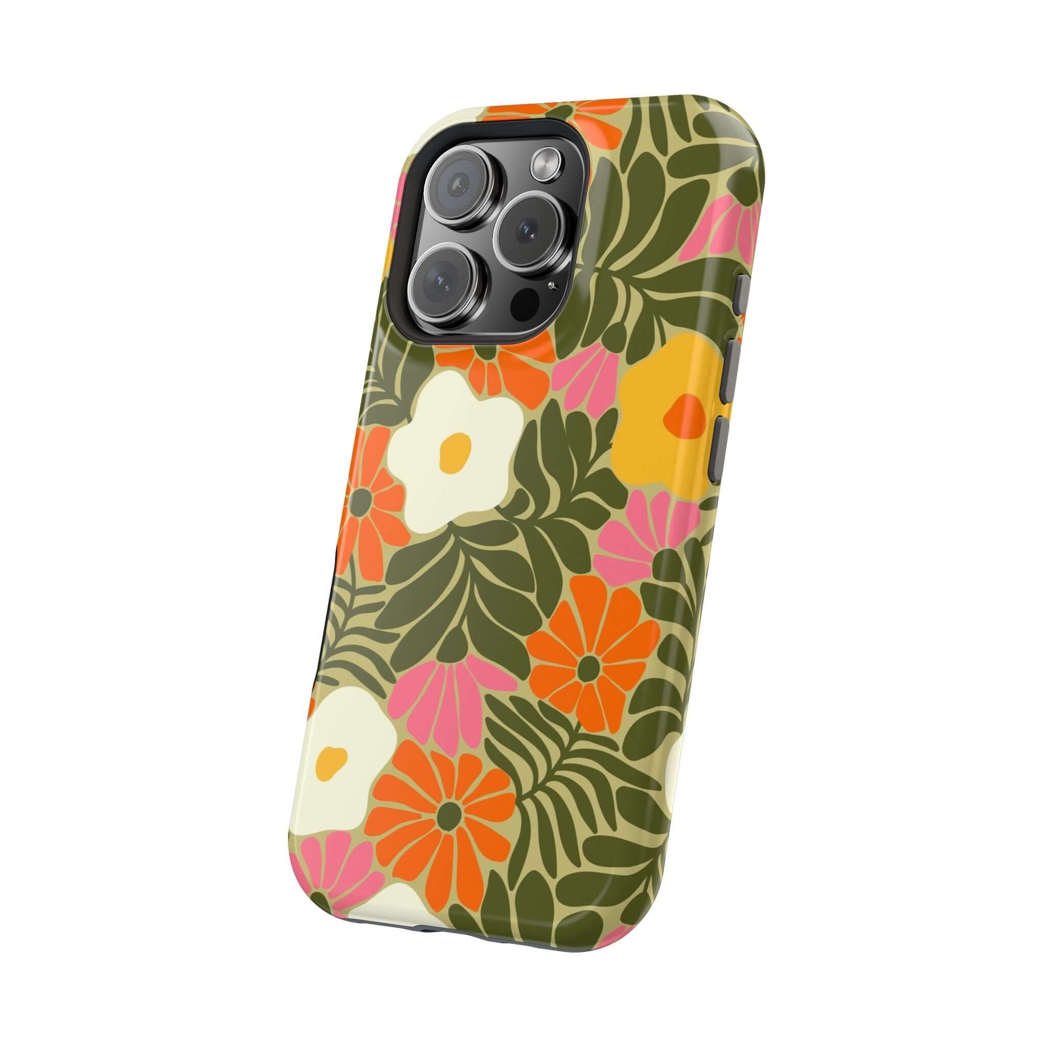 Cute retro floral phone case for Apple iPhone, showcasing vibrant colors and tropical vibes for stylish protection.