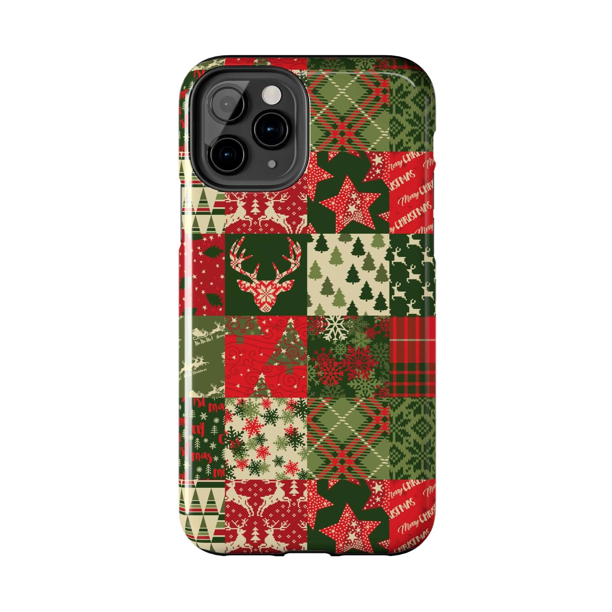 Cute iPhone case with green holiday design featuring Christmas trees, Santa, and snowflakes. Custom phone case design.