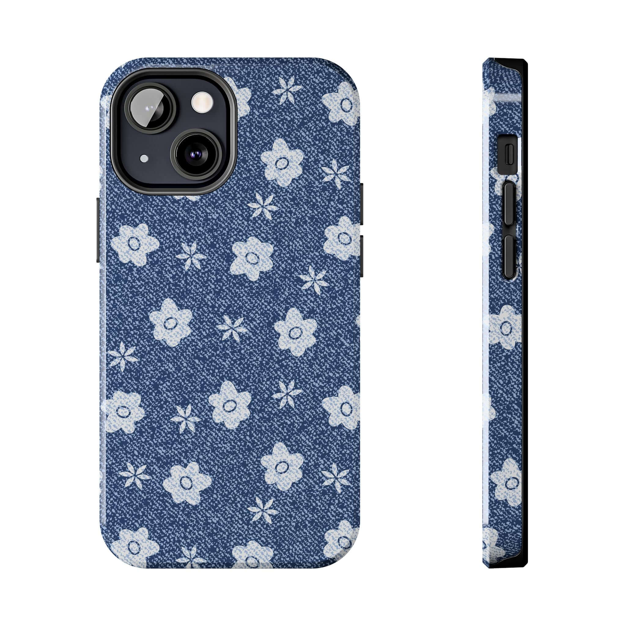 Denim phone case with white daisy print for iPhone 14 Pro Max, cute and protective design.