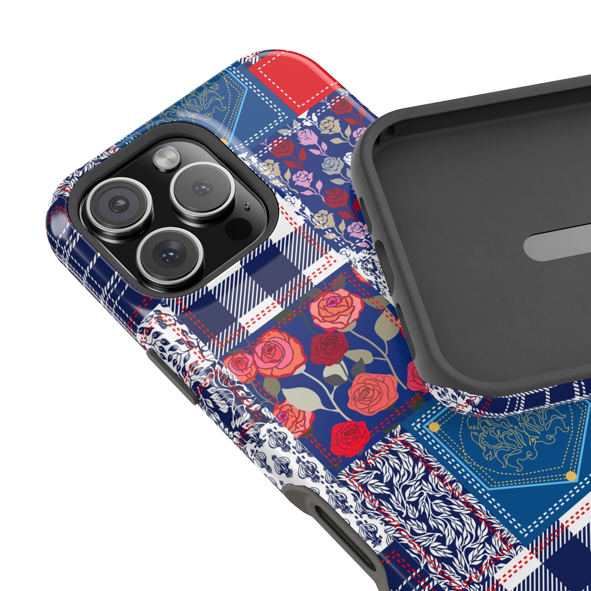 Crimson Bloom | Blue Patchwork Case