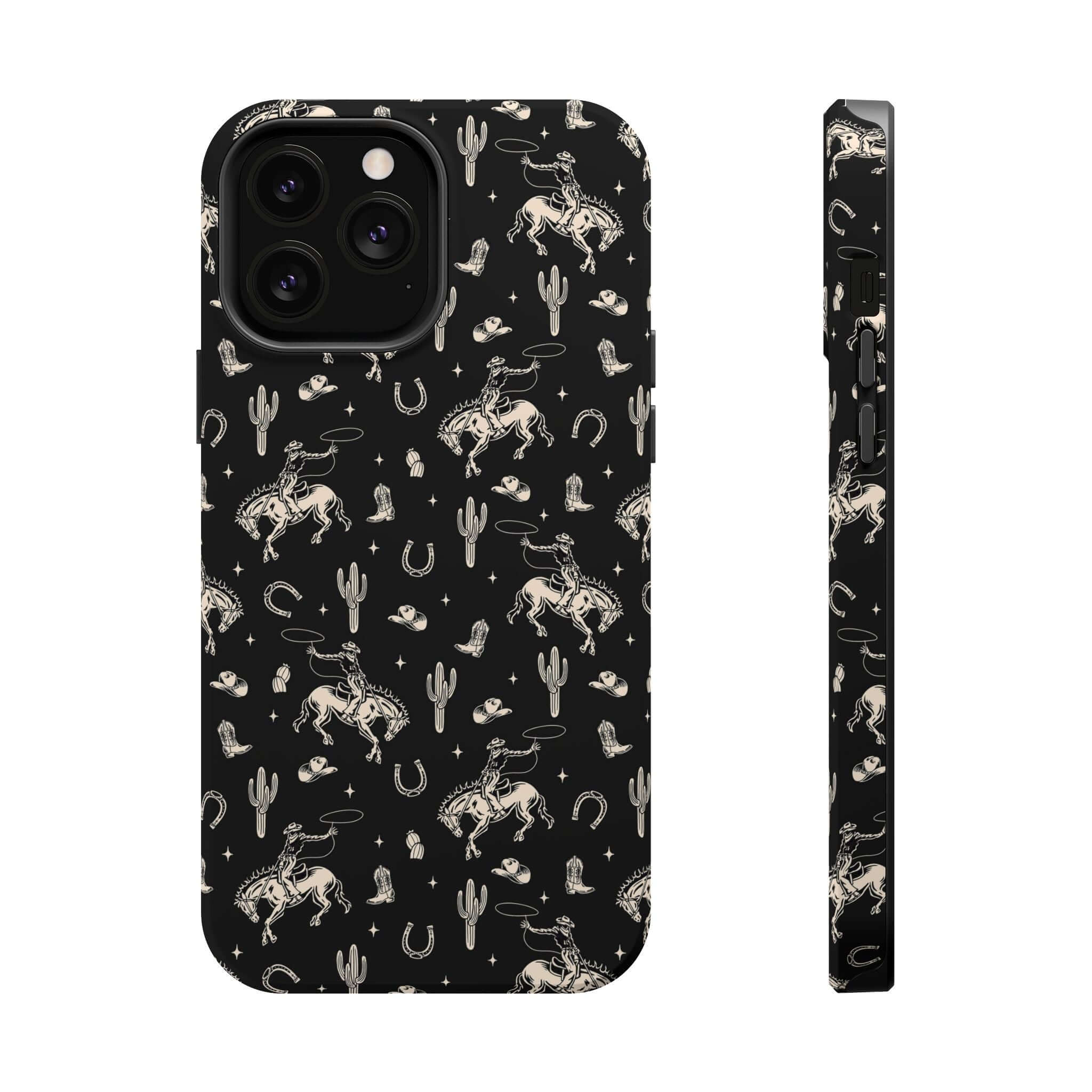 Twilight Cowgirl black western pattern iPhone case showcasing cute cowgirl design with cacti, horseshoes, and cowboy hats. Free shipping.