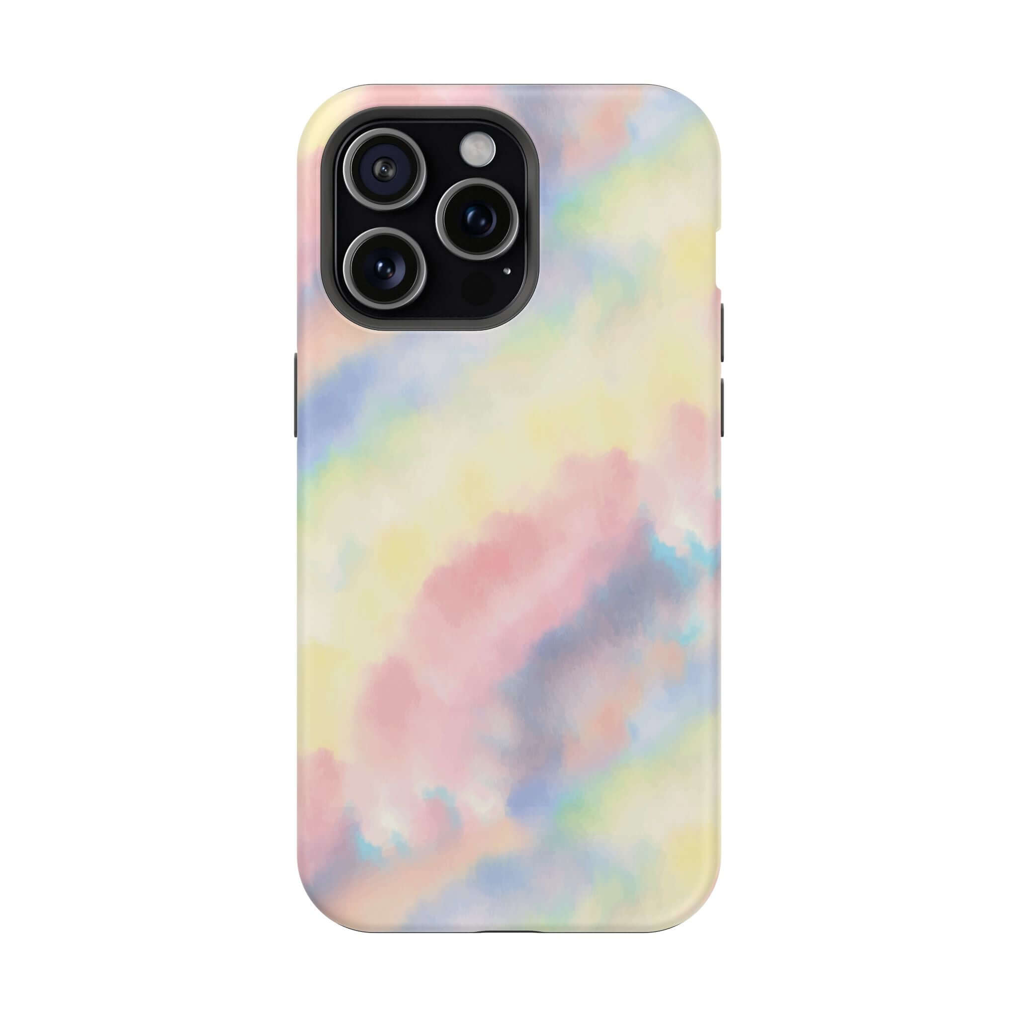 Cute iPhone Case with pastel tie dye design and MagSafe compatibility, custom phone case for a unique tech accessory.