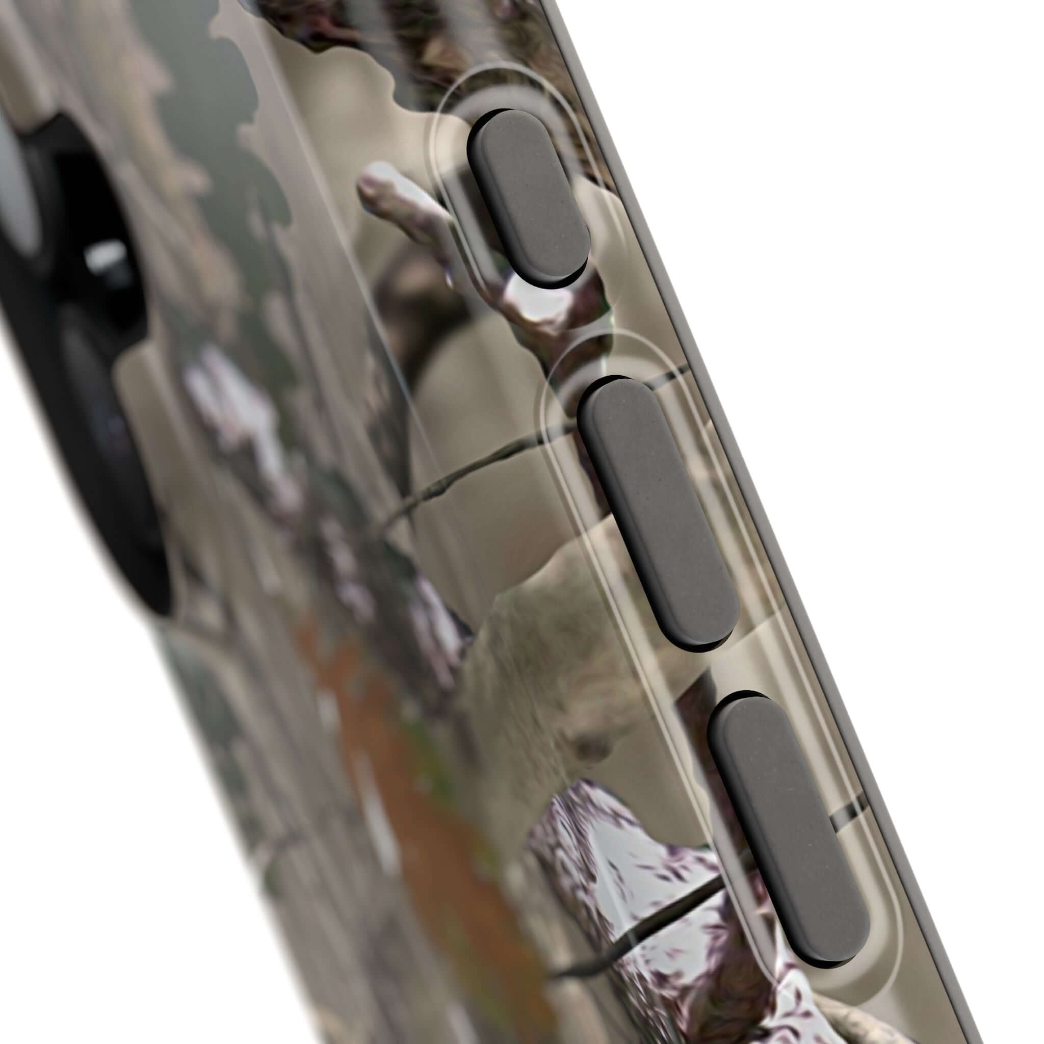 Close-up of a modern forest camo phone case with MagSafe compatibility, featuring a stylish animal print for iPhone.