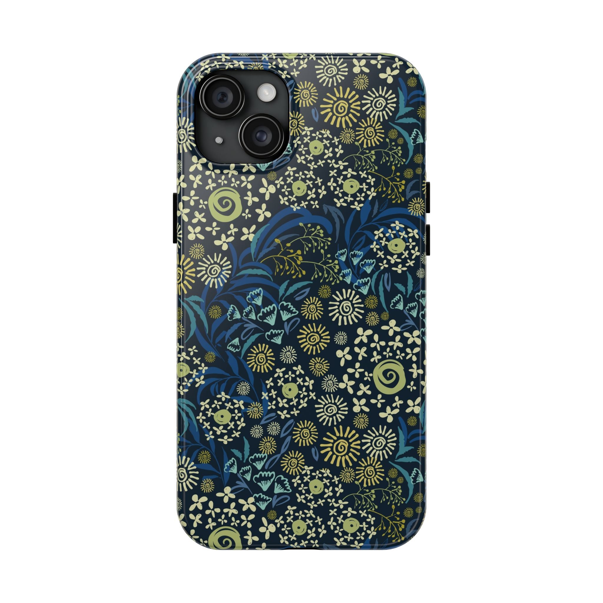 Blue floral phone case with whimsical flower design for iPhone, cute iPhone case cover, Botanic Breeze pattern, protects from scratches