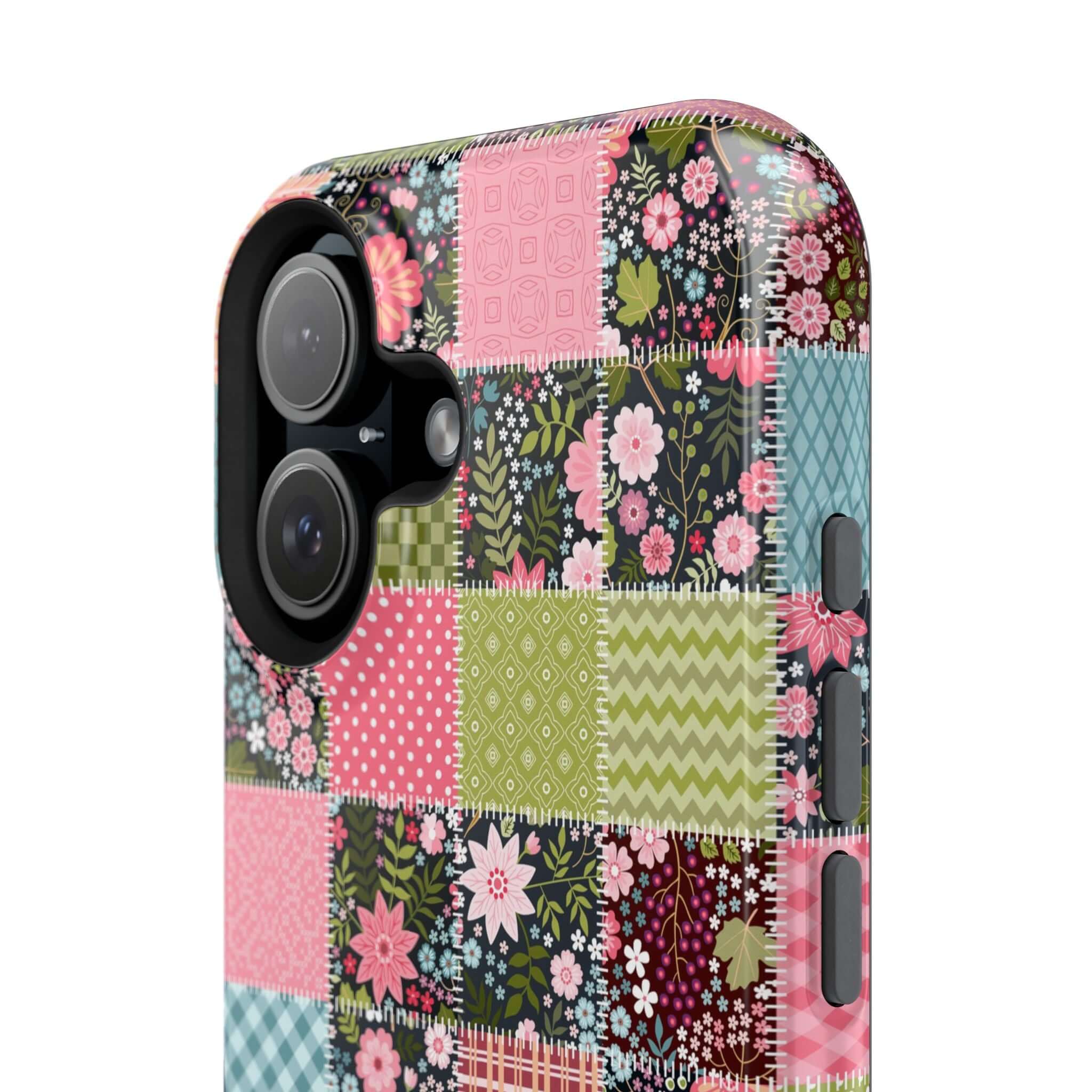 Floral MagSafe iPhone case with cute colorful patchwork design, perfect for free-spirited and groovy vibes.