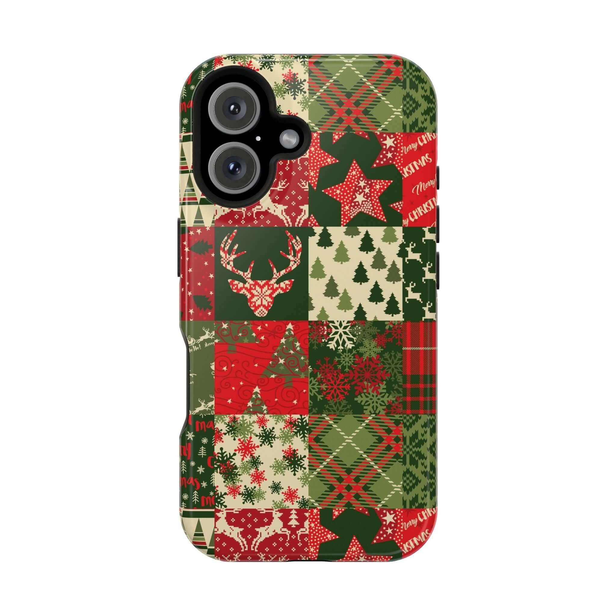 Festive Cozy Quiltmas MagSafe case with Christmas patterns, featuring trees and stars for a holiday-themed phone cover.