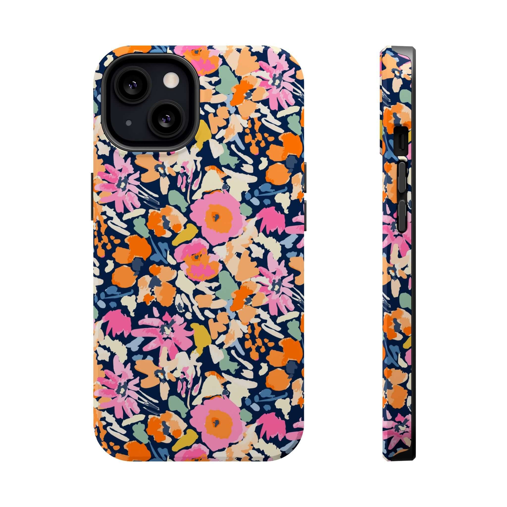 Cute MagSafe iPhone 16 case with colorful floral design, Botanic Burst, displaying bright protective phone case for iPhone.