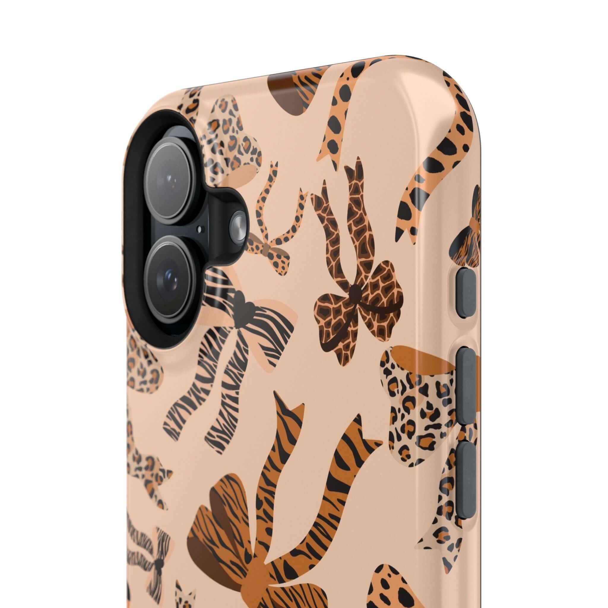 Colorful iPhone case with leopard pattern and cute bows, Safari Coquette design, abstract style for playful and stylish look.