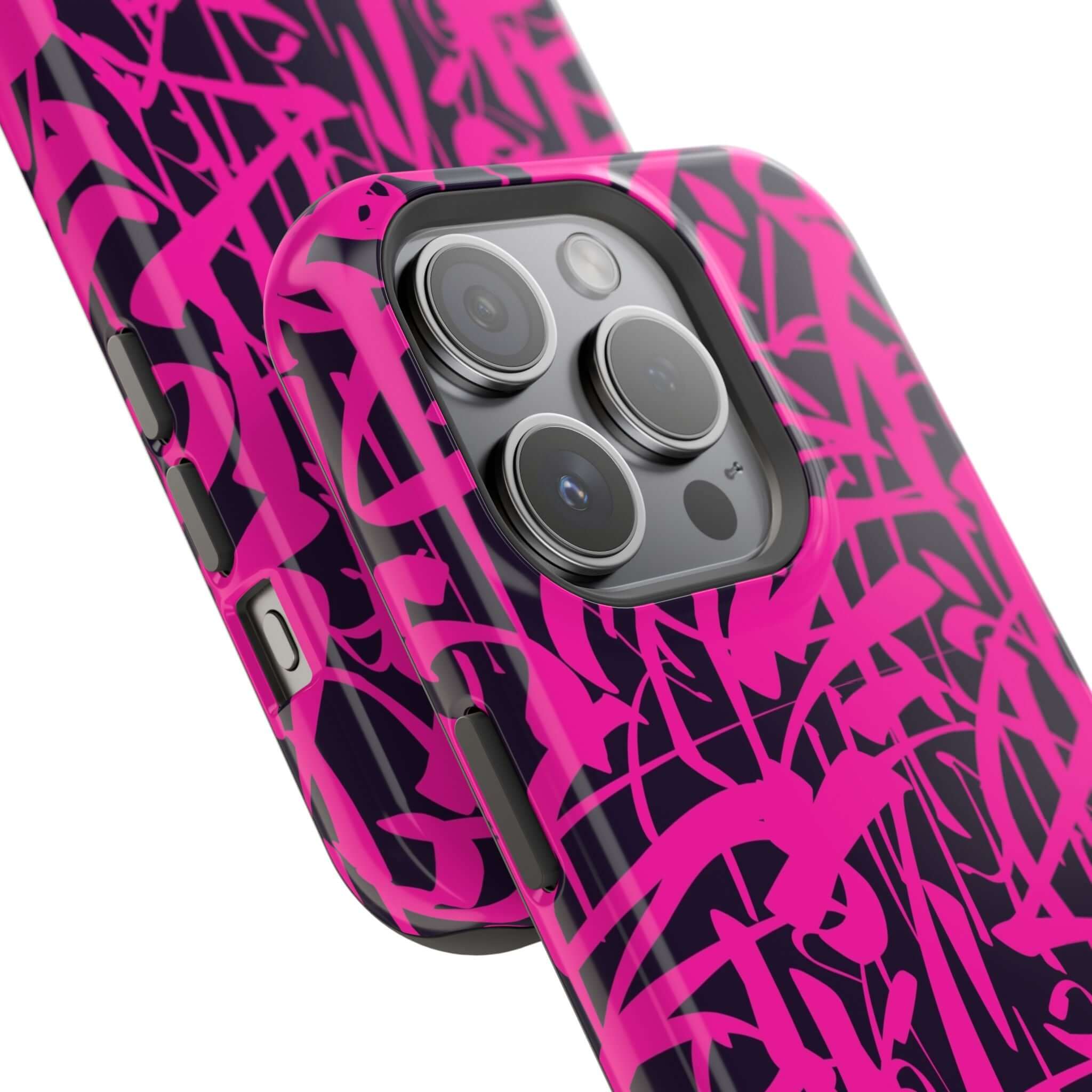 Colorful pink abstract design on Midnight Pop MagSafe phone case for iPhone, showcasing a cute phone cover.