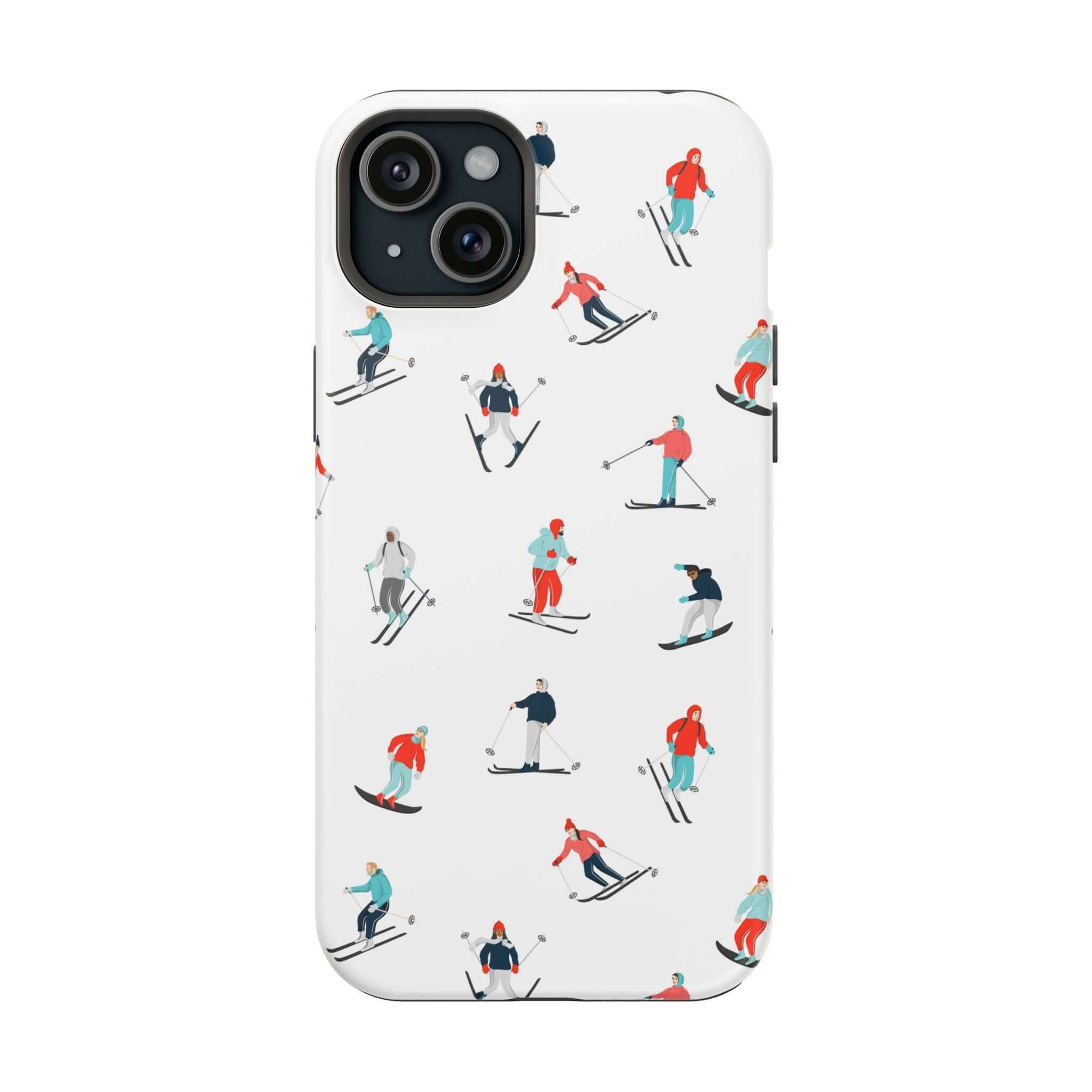 Cute phone cover with skiing illustrations, perfect for winter sports lovers and iPhone protection.