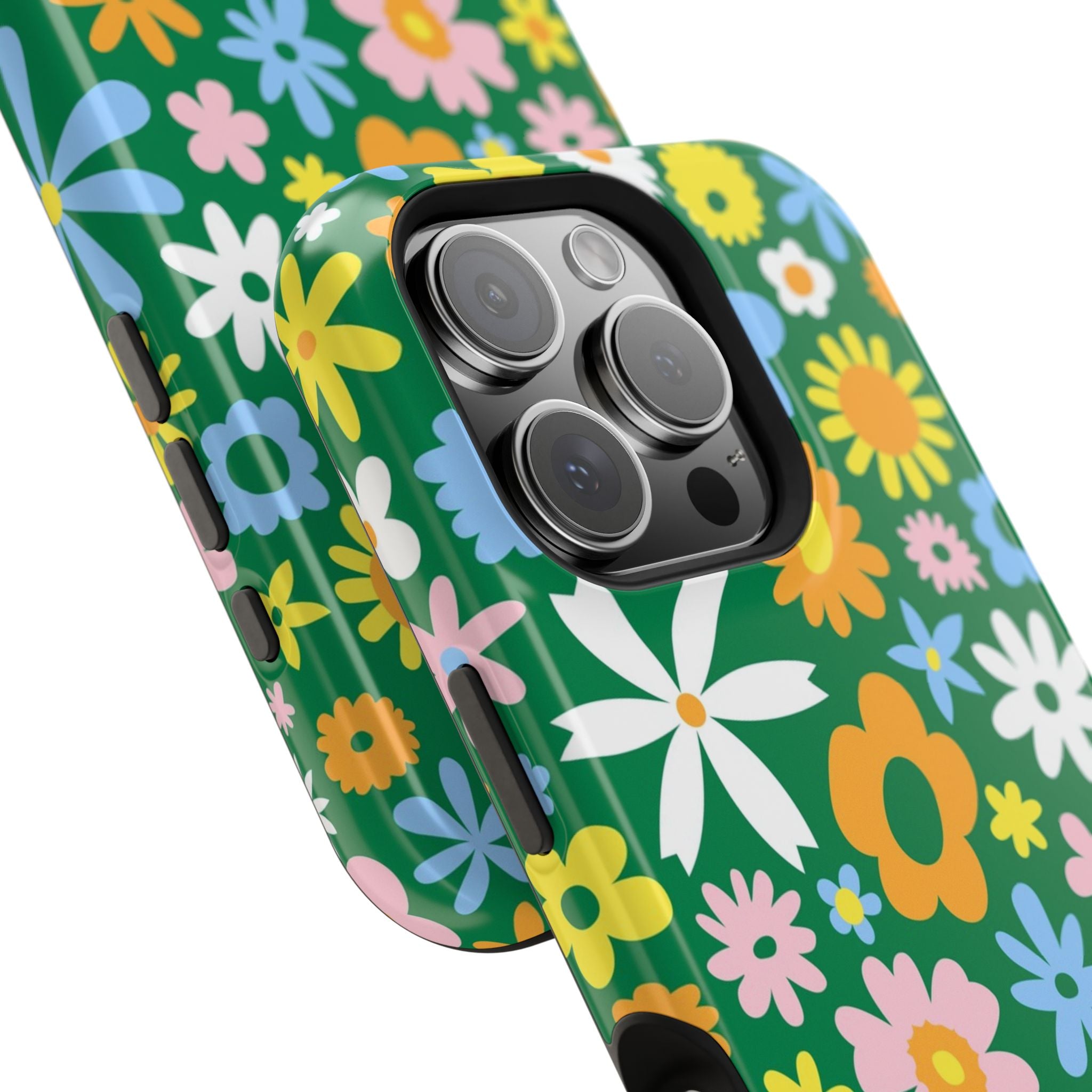 Vibrant floral MagSafe iPhone case with playful hippie design and colorful flower accents, perfect cute phone cover for style.