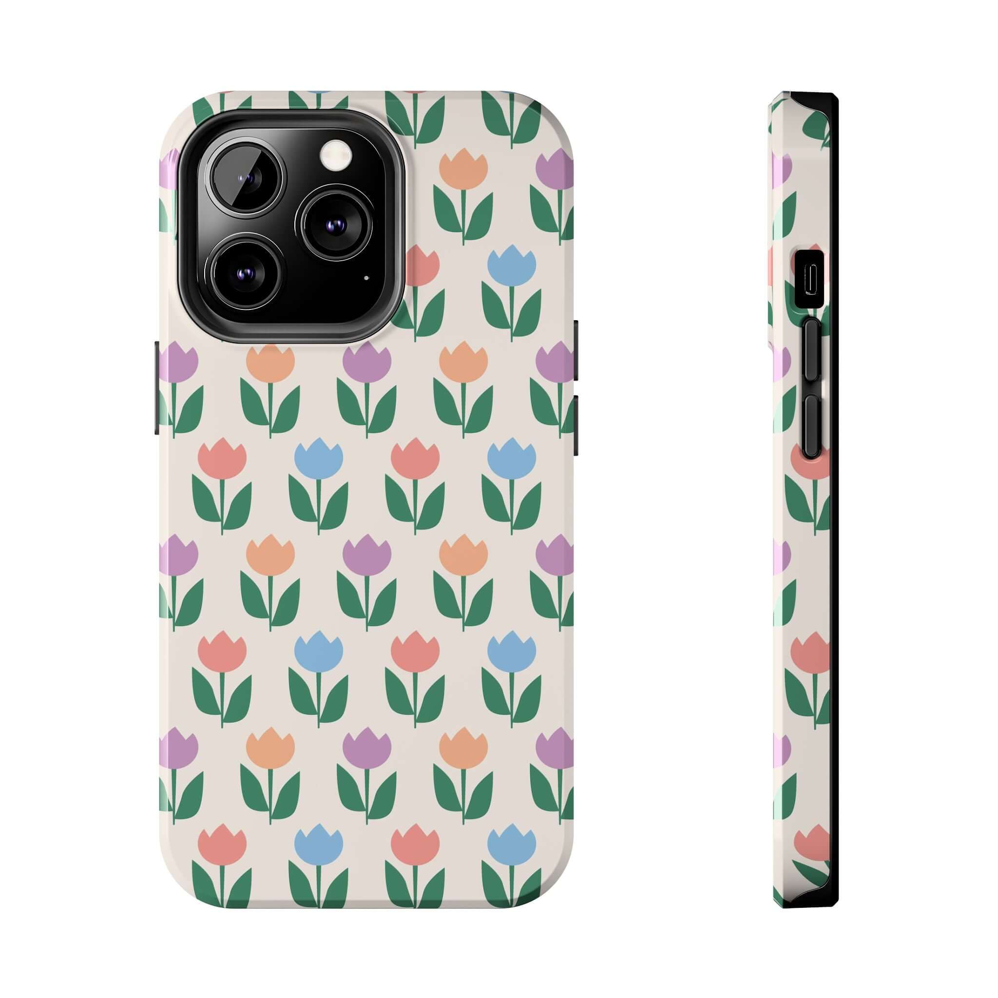 Vibrant Tulip Case for iPhone 14 Pro Max featuring colorful flowers and playful floral design, perfect for a cute and cheerful phone accessory.