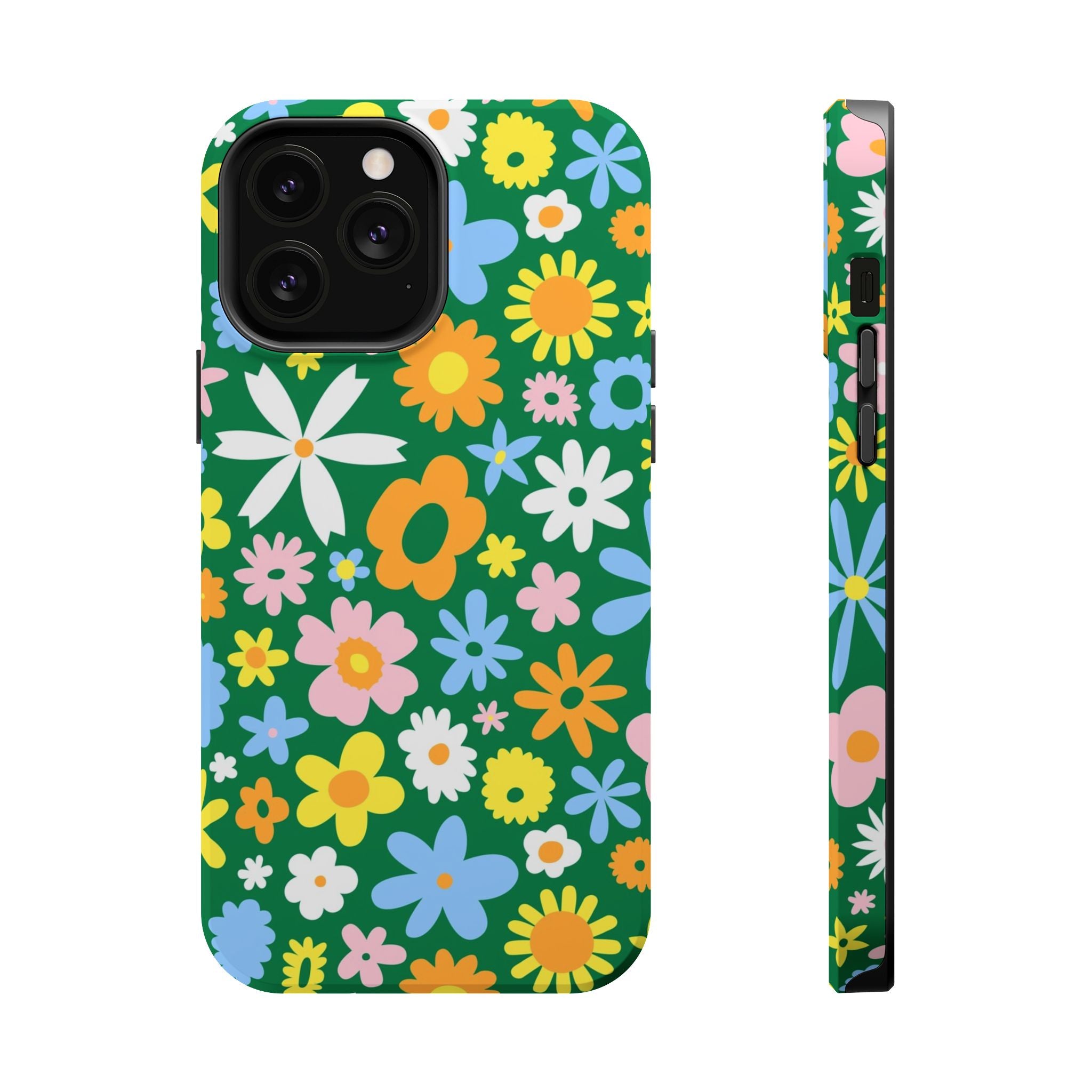 Vibrant hippie floral MagSafe iPhone case with colorful flowers on green background, perfect for a cute and quirky phone cover.