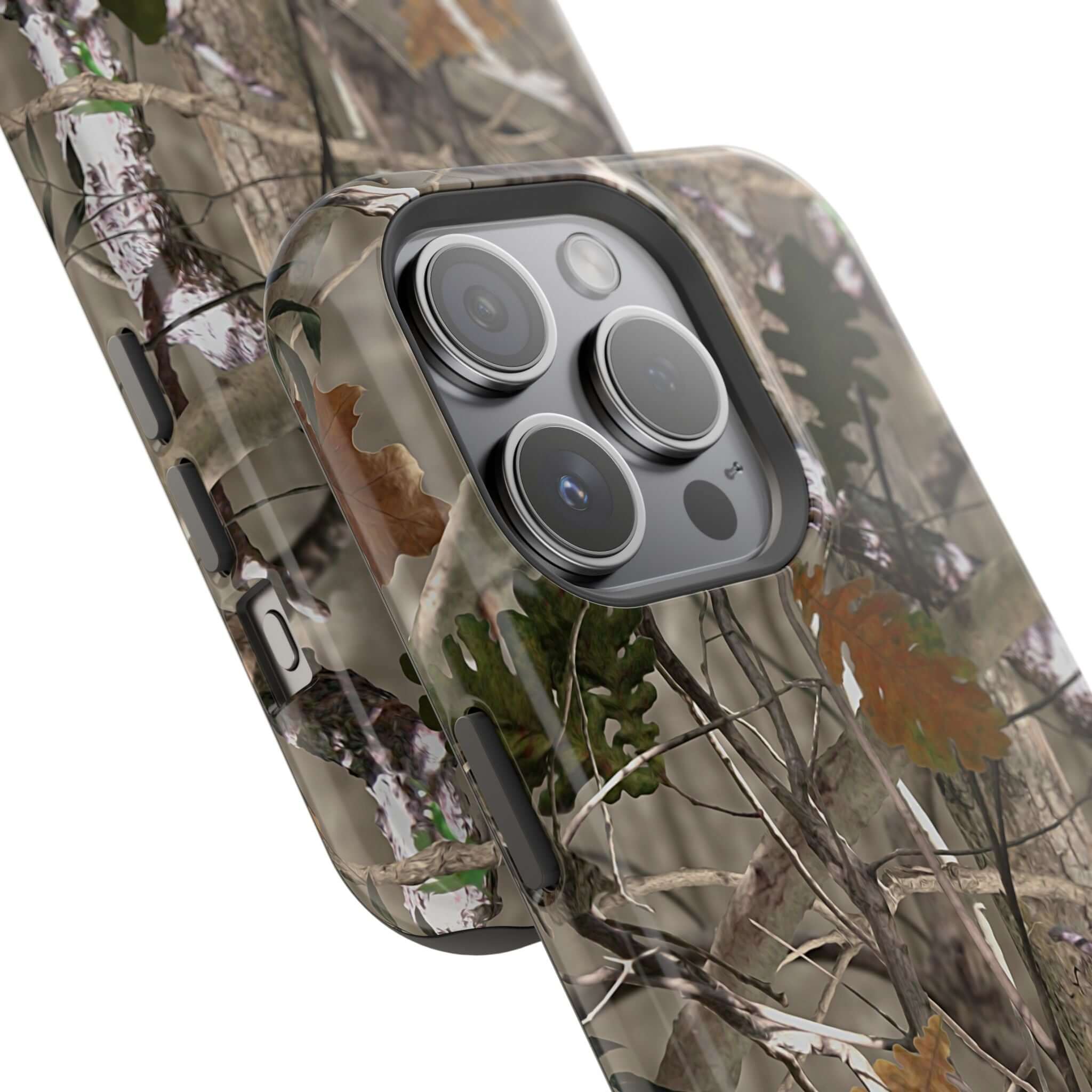 Forest camo phone case with MagSafe, featuring a modern animal print design for iPhone. Perfect for a cute, quirky style.