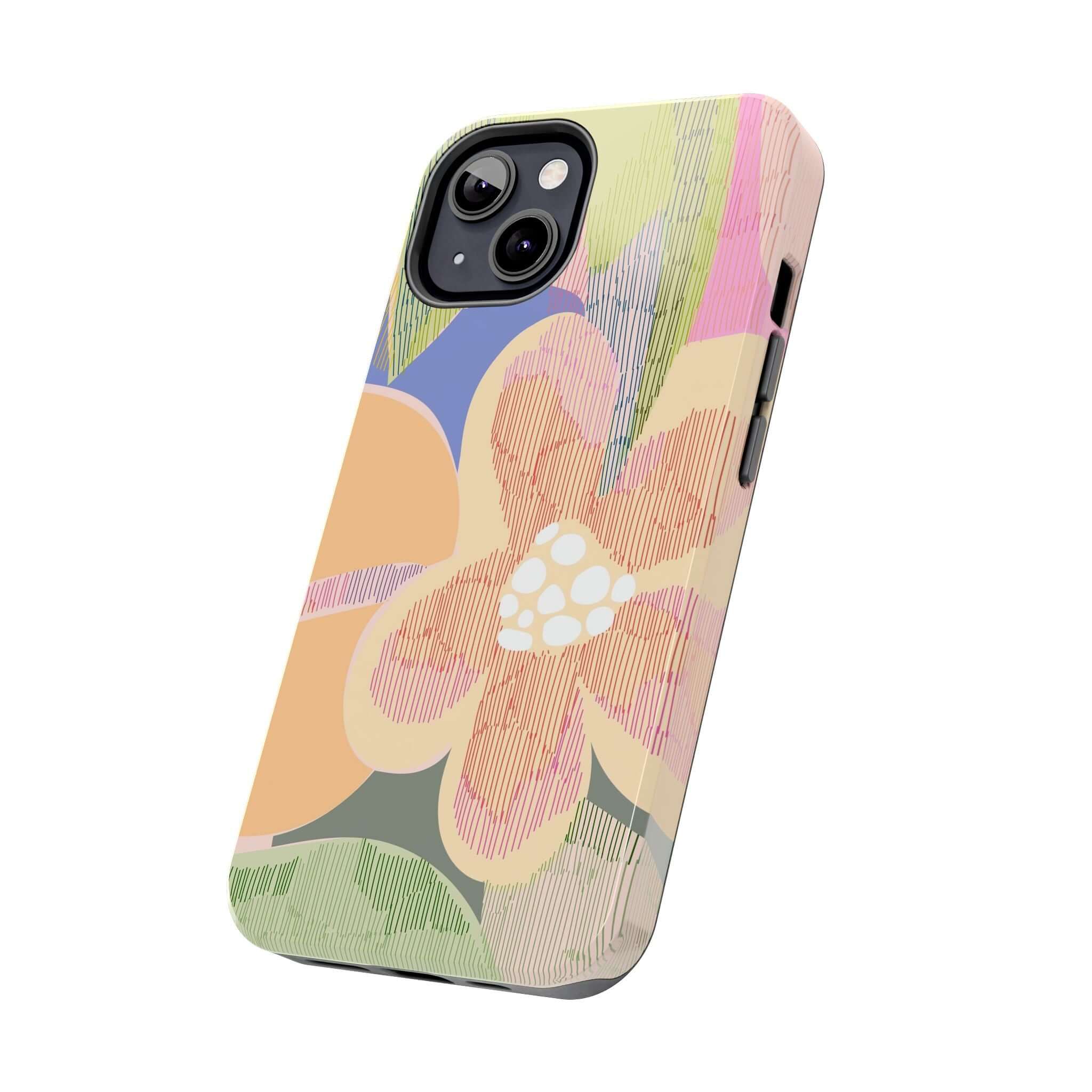 Colorful iPhone case with abstract floral design, perfect for iPhone 14 Pro Max and Samsung S23, featuring cute palm trees and vibrant aesthetics.