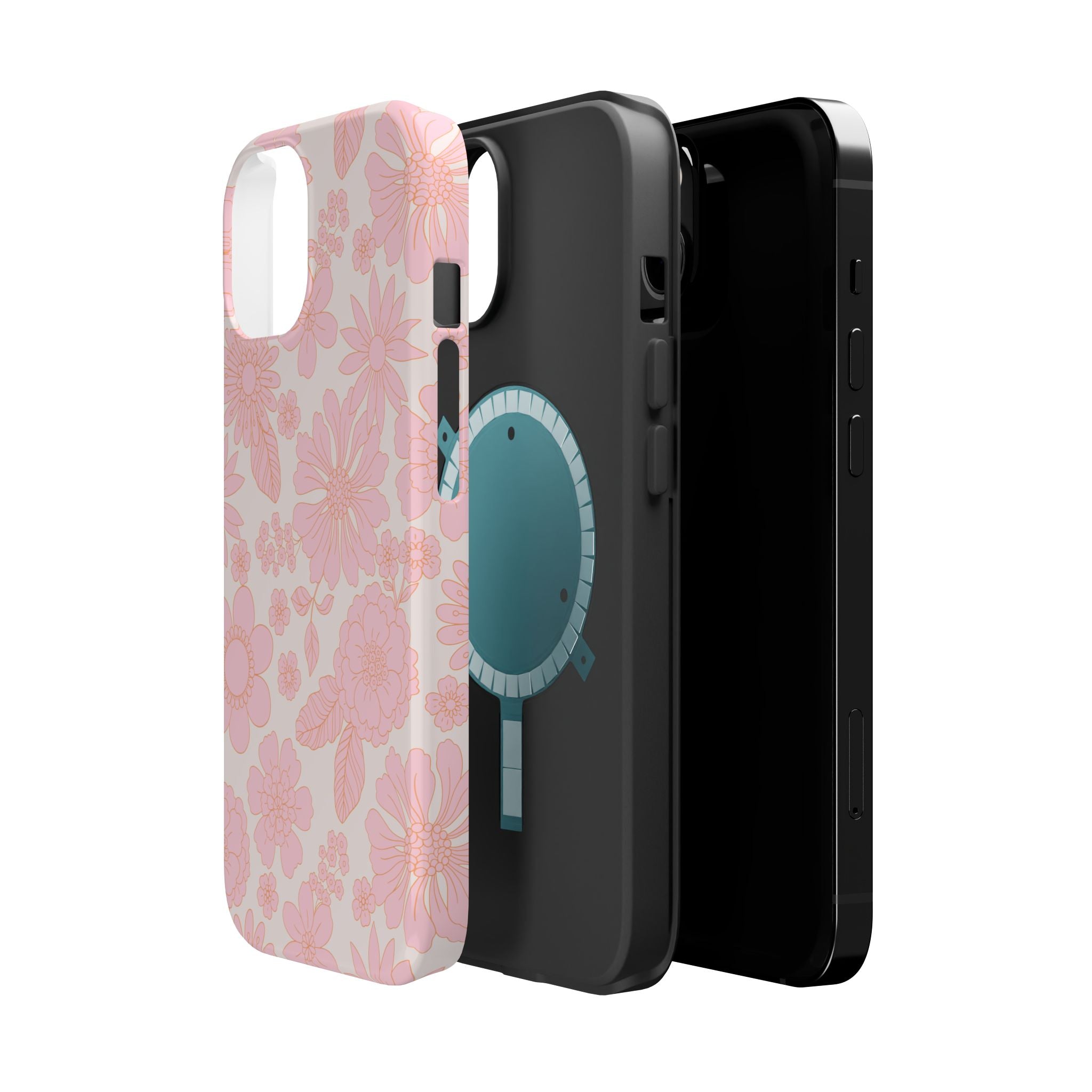 Pink floral iPhone 16 MagSafe case with cottagecore design, showcasing a cute and whimsical phone cover for girly style.