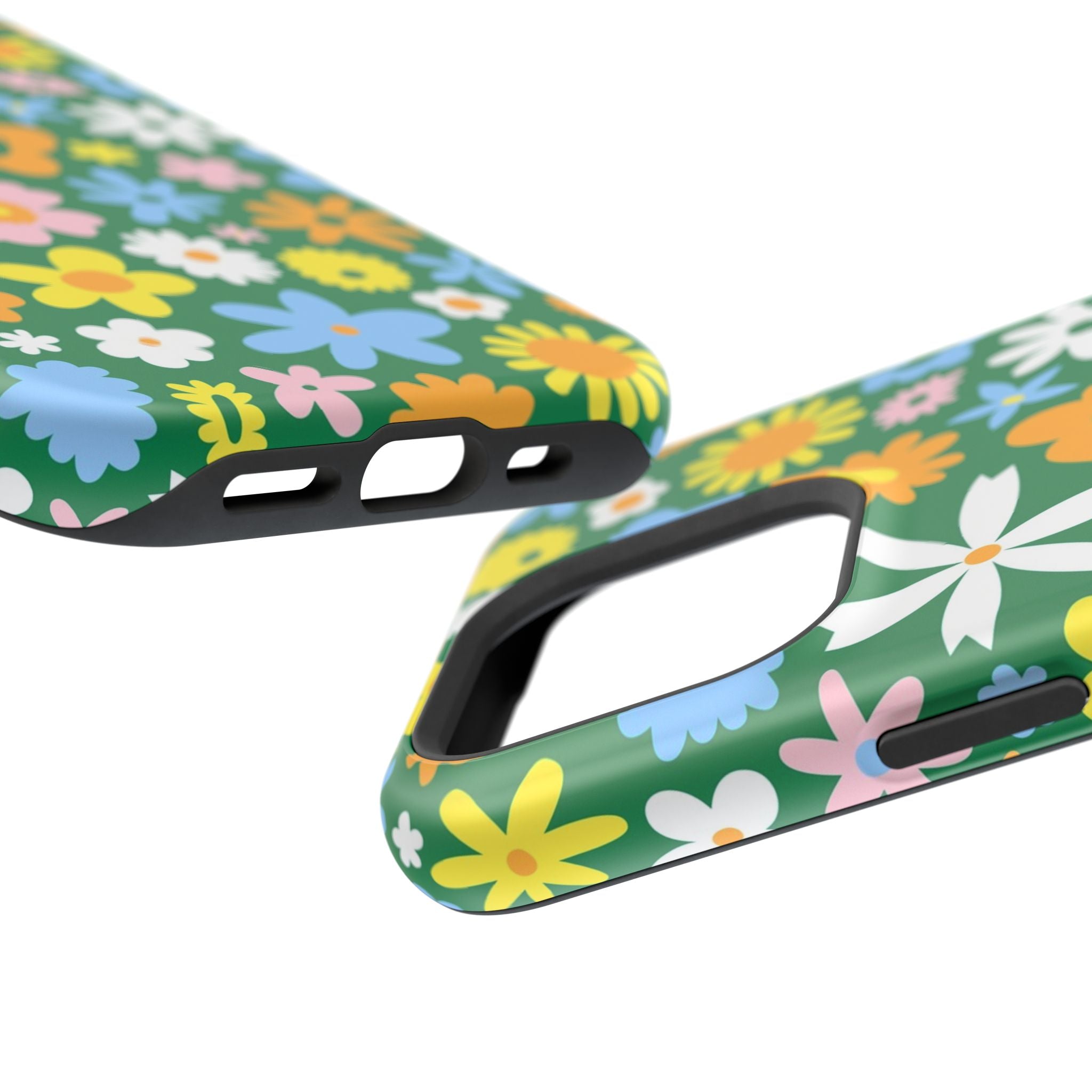 Vibrant floral MagSafe iPhone case with colorful hippie design, featuring green background and playful flower accents. Cute phone cover.