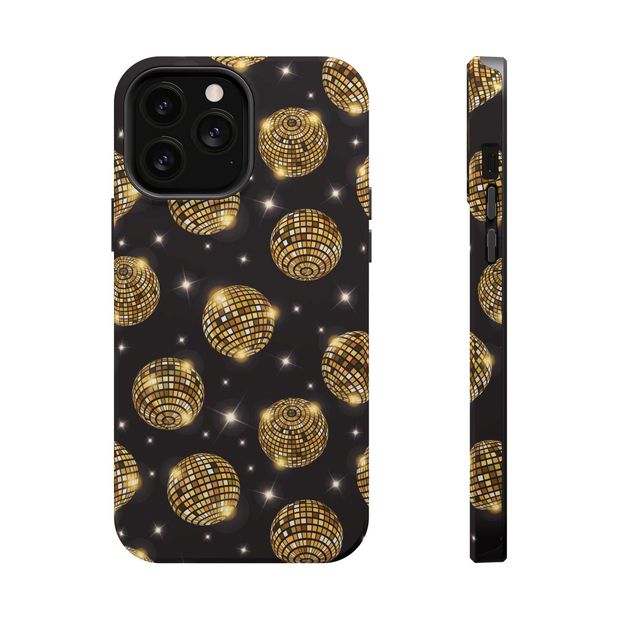 Cute iPhone 14 case with a gold disco ball design, free shipping, perfect for dancing the night away.