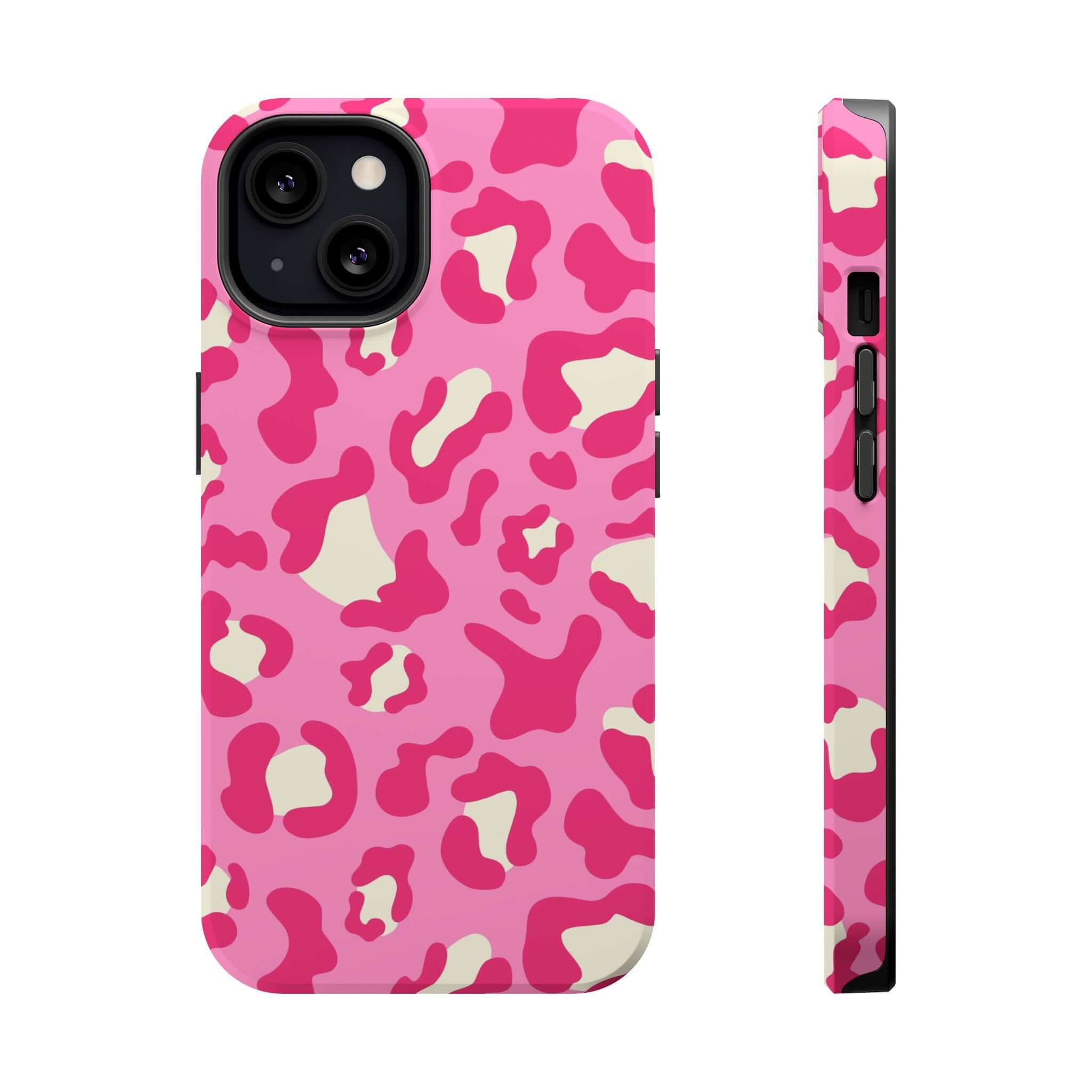 Preppy Cheetah Pink Case for iPhone 14 Pro Max, colorful MagSafe phone case with cheetah print, front and side view, free shipping