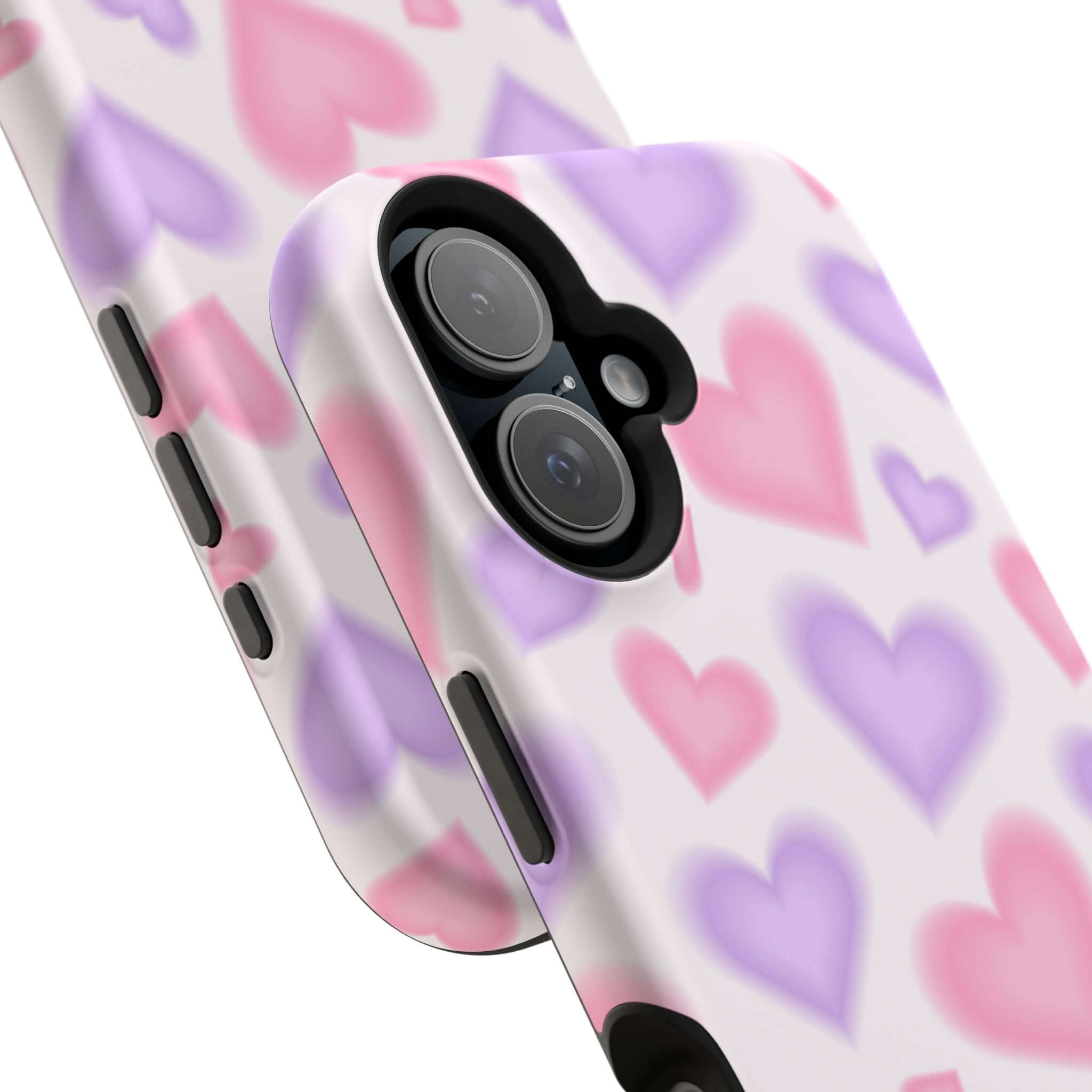 Cute iPhone case featuring pink and purple hearts, adding love and style to your phone with MagSafe compatibility.