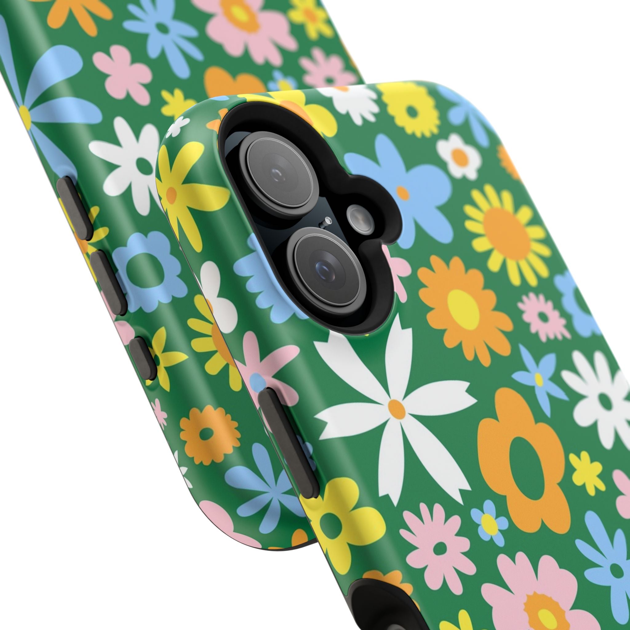 Vibrant floral hippie MagSafe iPhone case with colorful flowers on green, perfect cute phone cover for stylish protection.