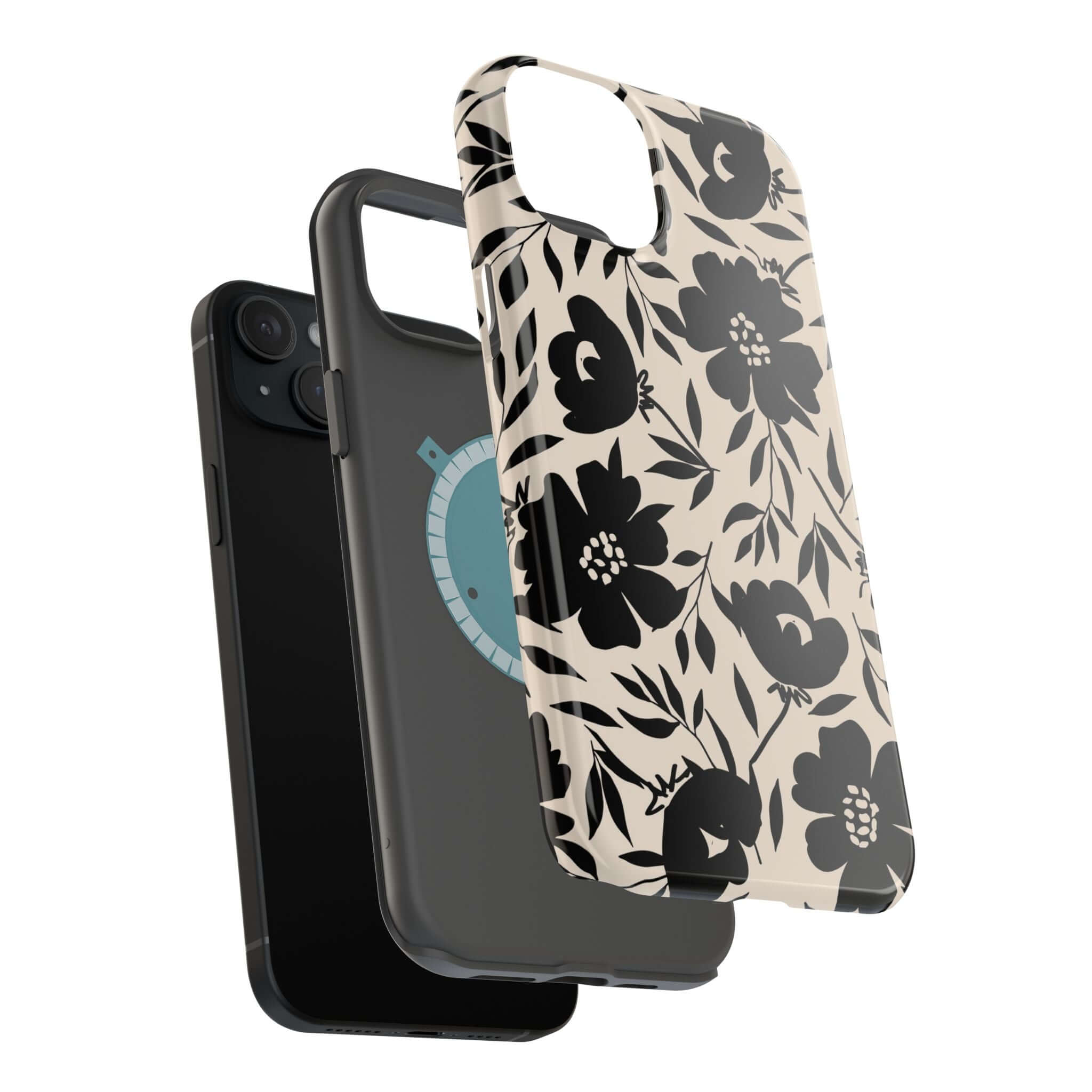 Eclipse Garden Black Floral Phone Case for iPhone 16, a cute and unique accessory for bold, adventurous style.