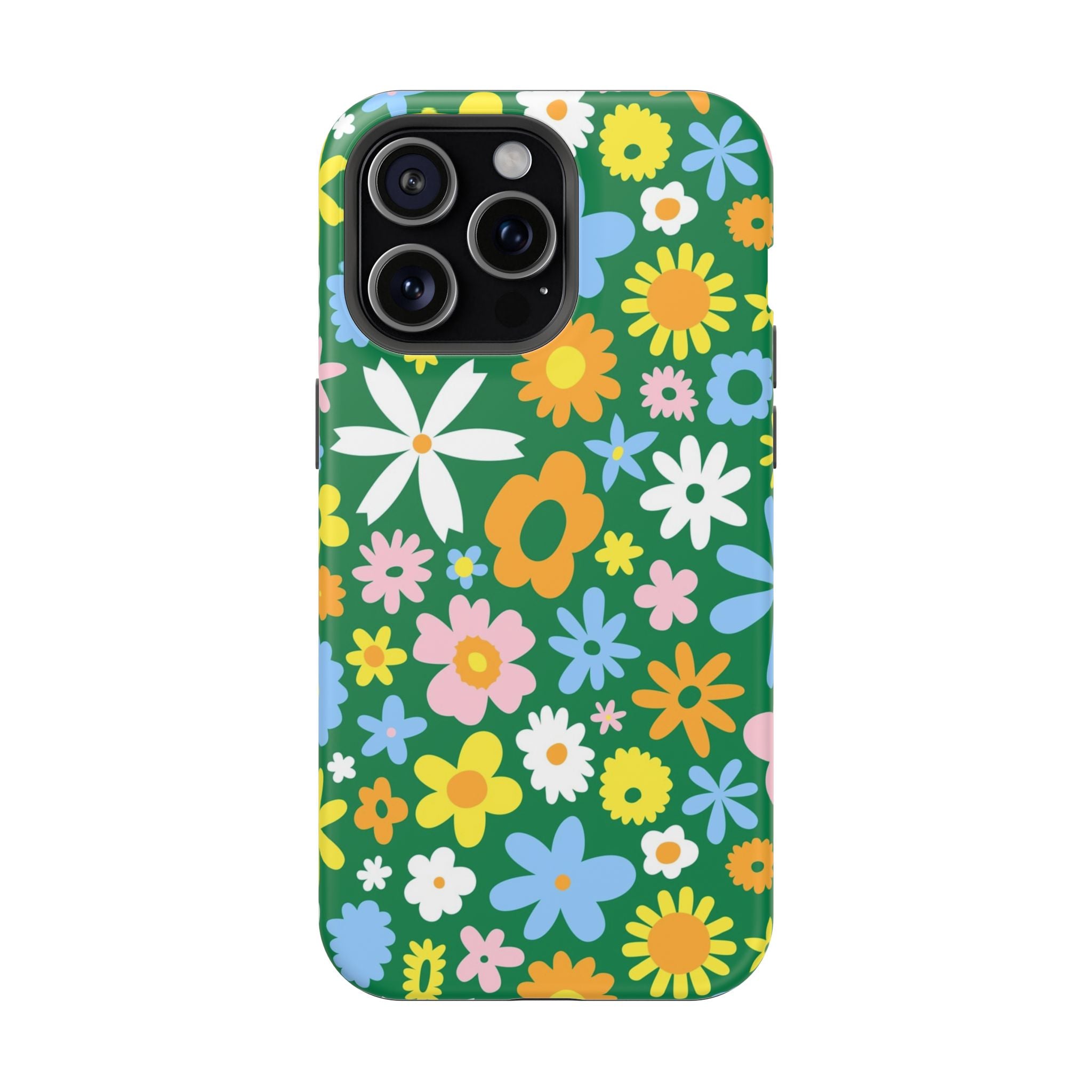 Hippie floral iPhone case with vibrant green and colorful flowers, MagSafe compatible, cute phone cover, perfect for flower power lovers.