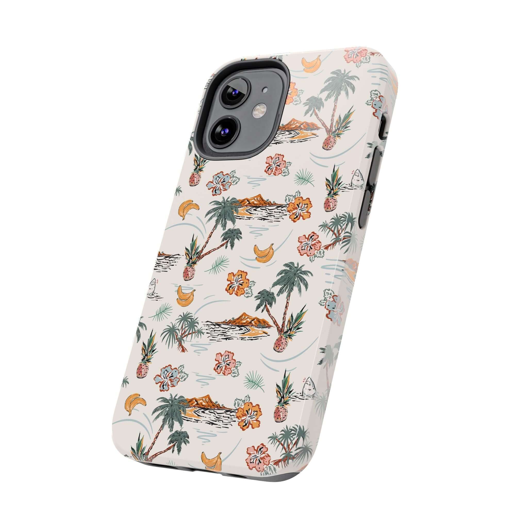 Cute iPhone 14 case with tropical beach design, featuring palm trees and flowers. Cute phone cover, free shipping available.