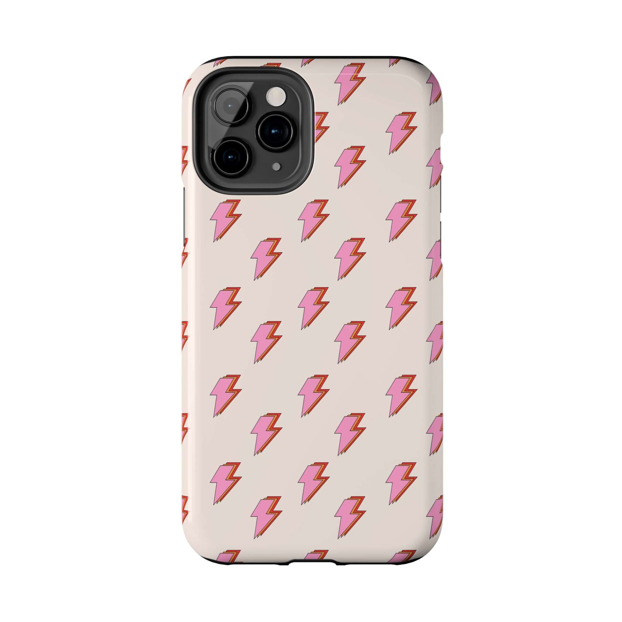 Cute iPhone case for iPhone 14 and 15 with pink lightning bolt design - Electric Vibes Lighting Bolt Case.