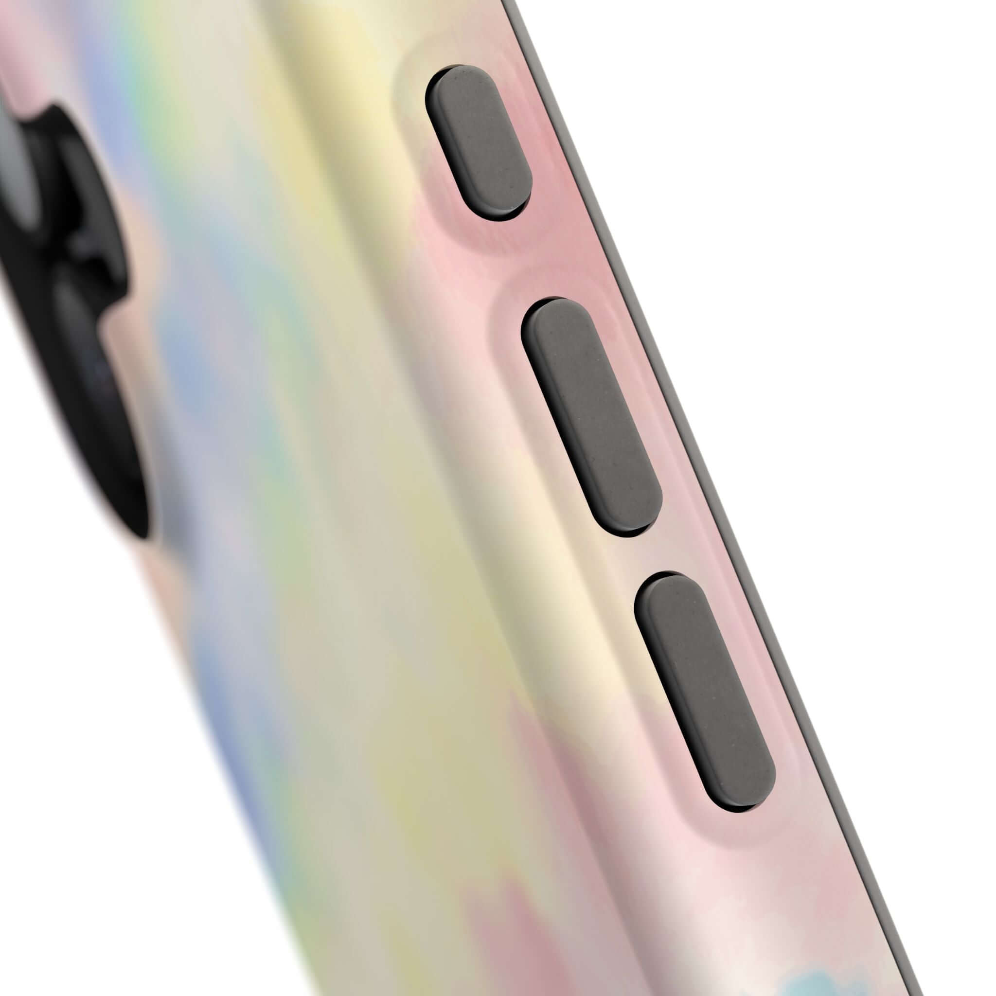 Cute iPhone case with pastel tie dye design, highlighting side buttons. MagSafe compatible custom phone case.