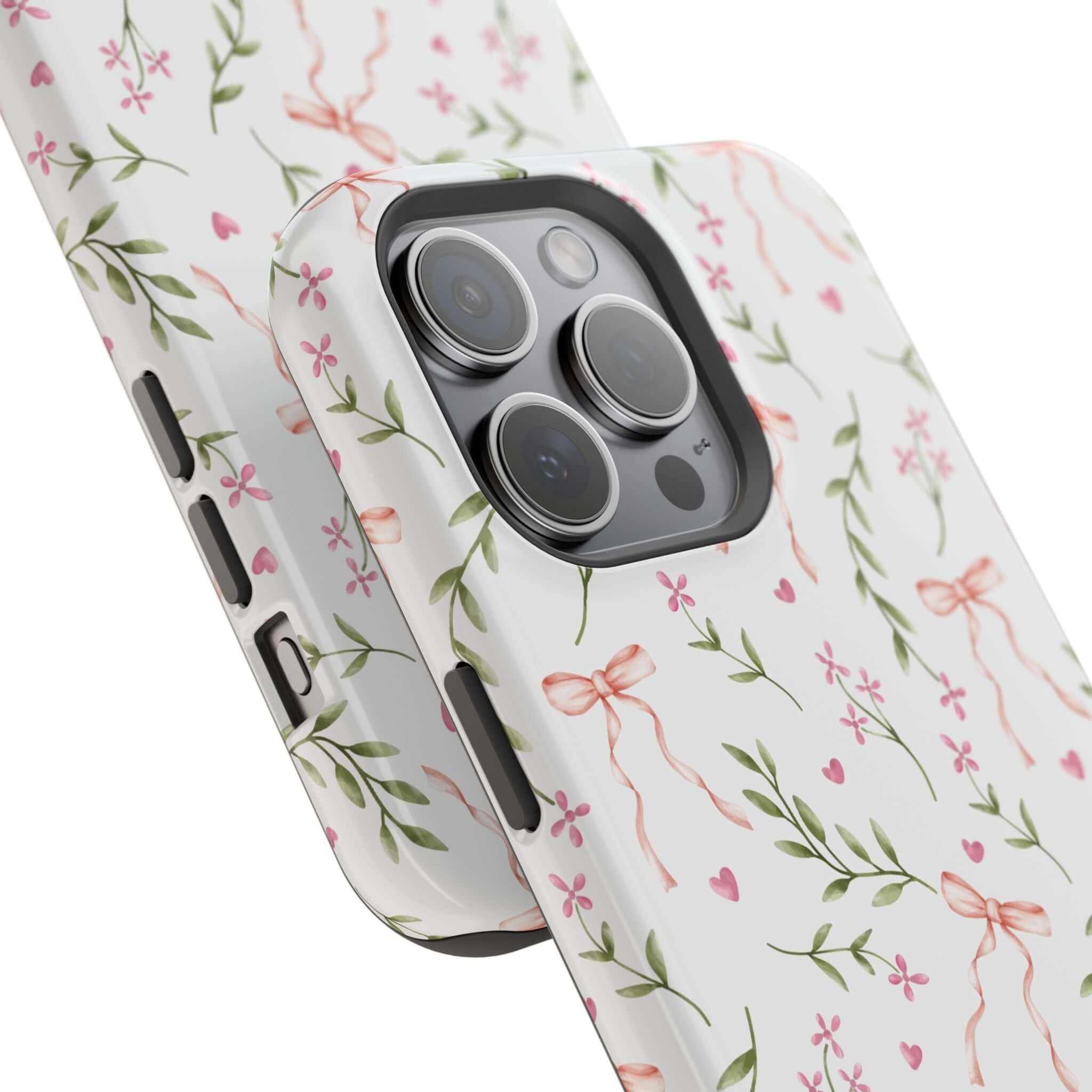 Pink Coquette MagSafe iPhone Case with bows and floral design by Darling Daydream – a cute and whimsical phone cover.