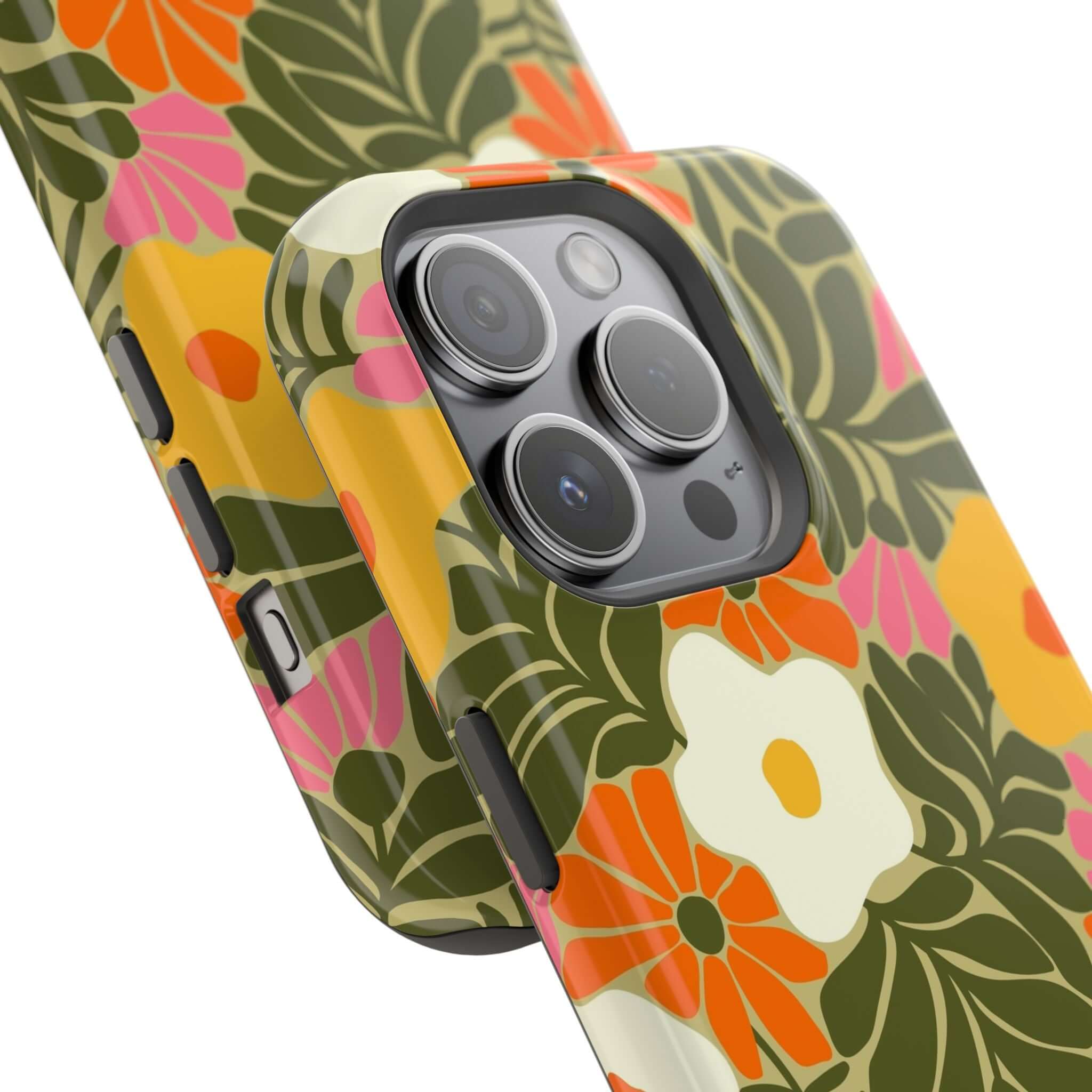 Retro floral phone case for iPhone, showcasing vibrant colors and MagSafe compatibility for stylish protection.