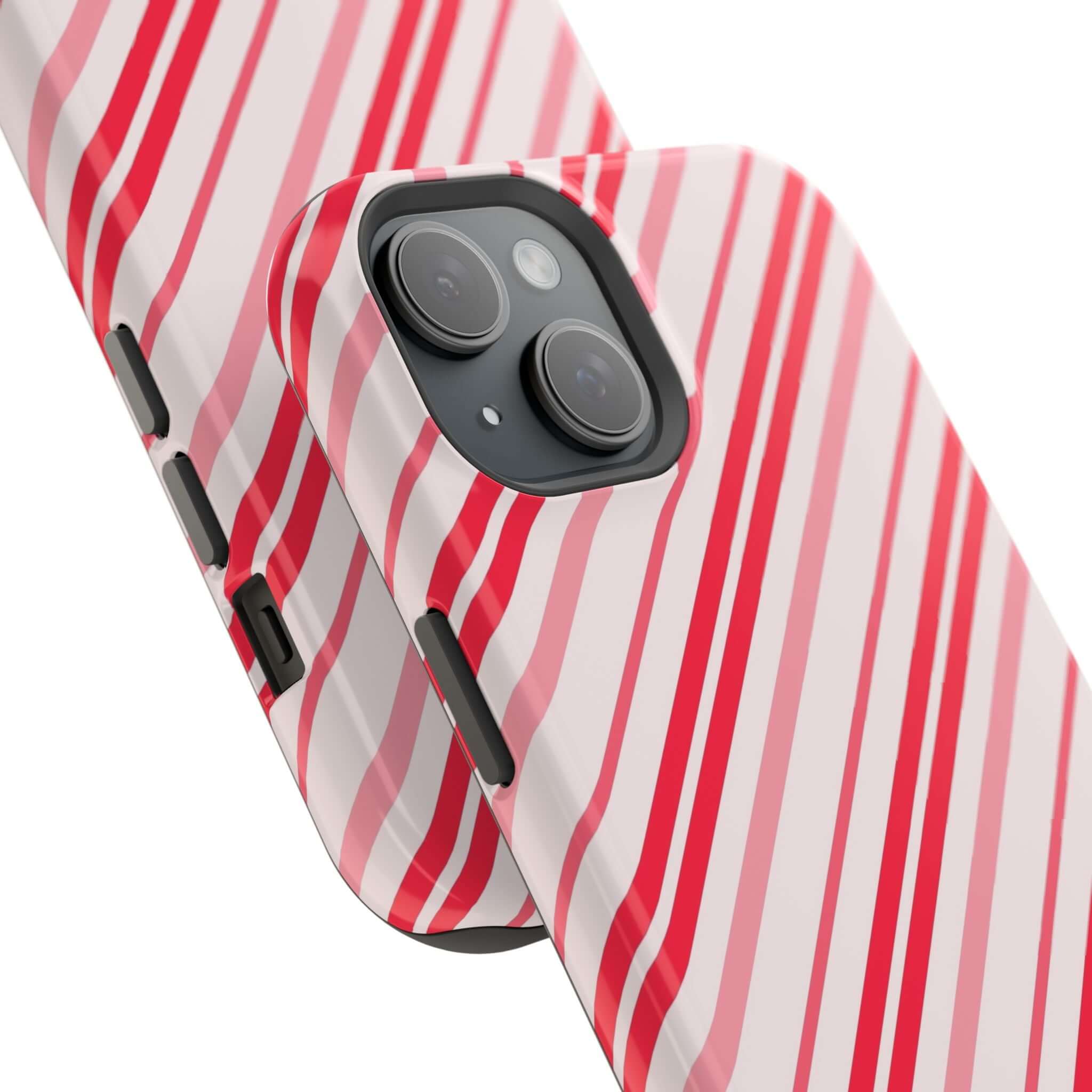 Festive Candy Cane MagSafe Case with red and white stripes, perfect holiday Xmas phone cover with convenient technology.