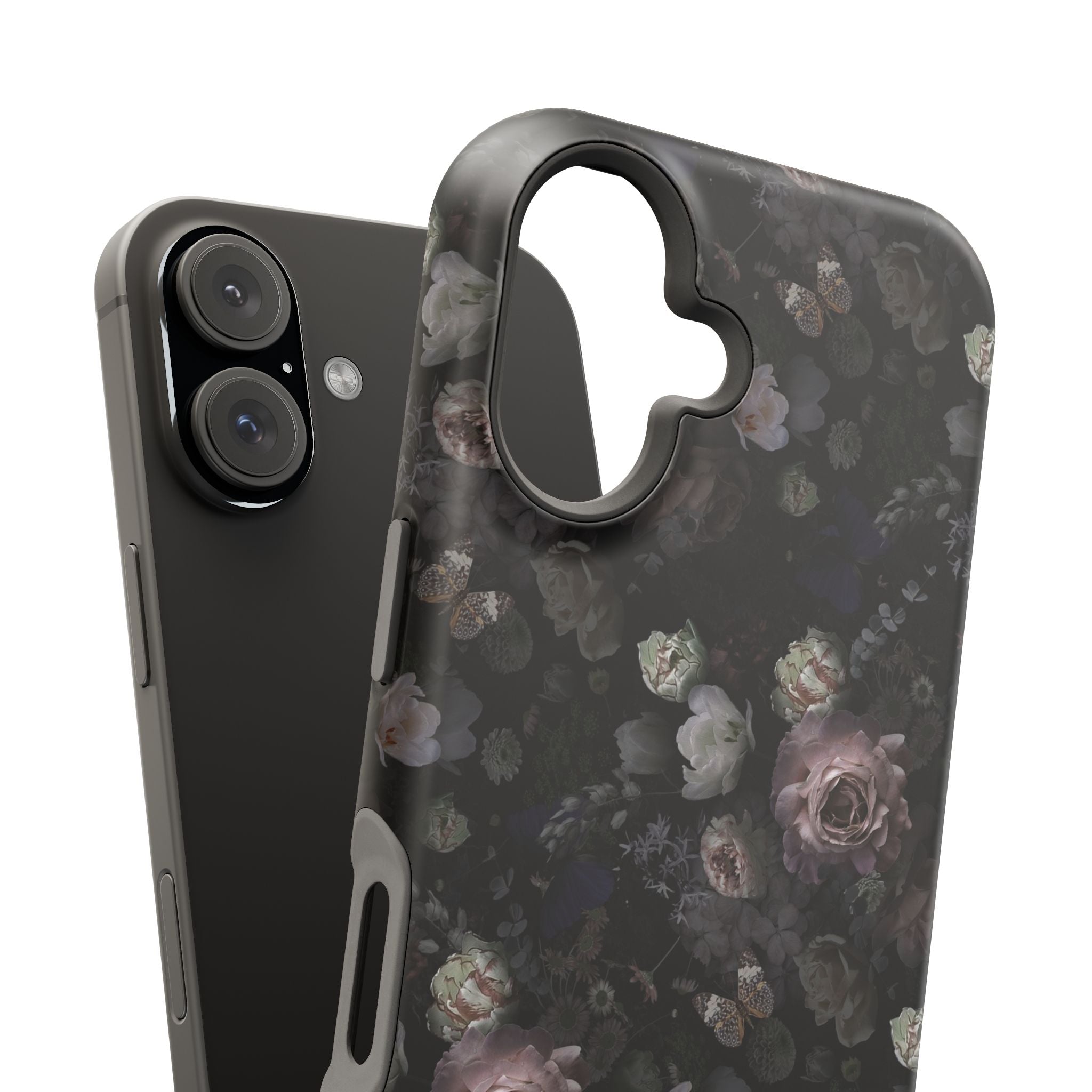 Midnight Curse Black Floral MagSafe iPhone Case with black roses, a cute phone cover for stylish protection.