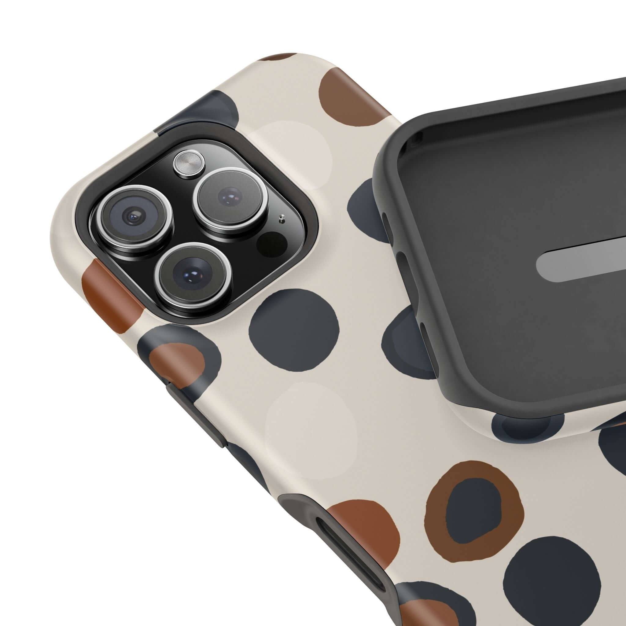 Chic Wanderer Modern Spots Case with playful brown spots, colorful abstract design for iPhone; cute phone case for fashion-forward users.