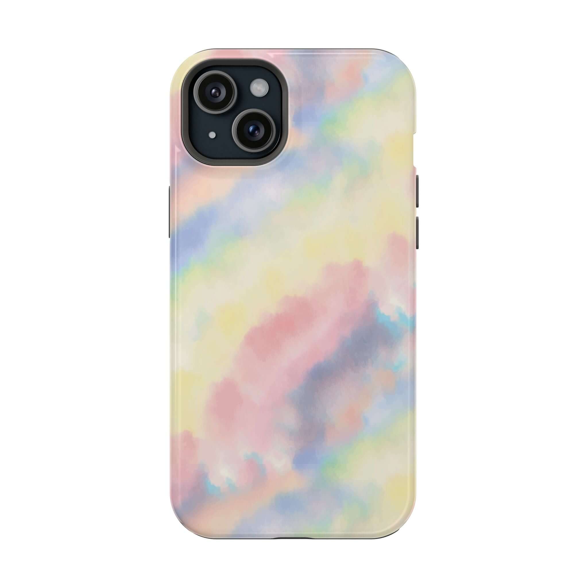 Cute iPhone case with pastel tie dye design, part of Unicorn Dreams, showcasing custom phone case style and MagSafe compatibility.