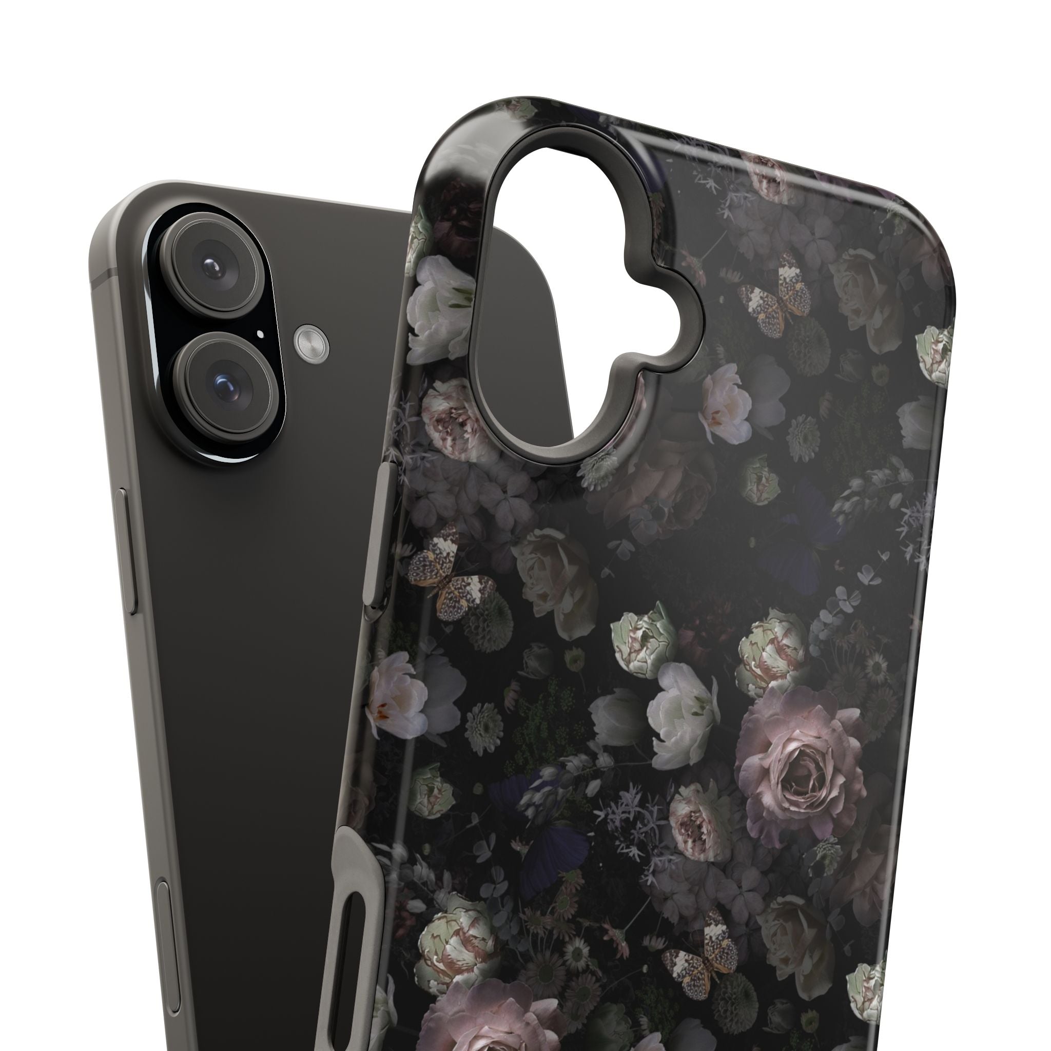 Midnight Curse Black Floral MagSafe iPhone case with black roses, a cute phone cover offering stylish protection for your device.