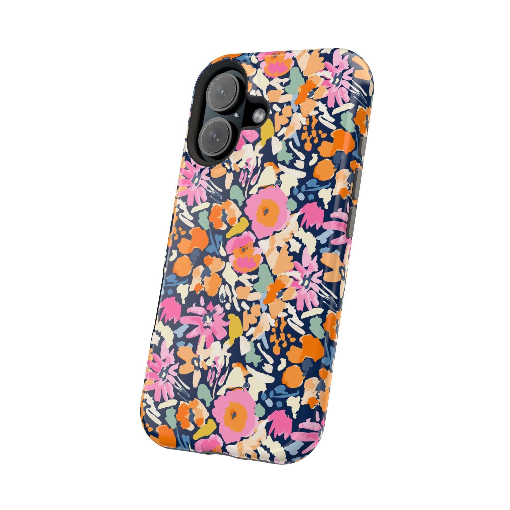 Colorful floral Botanic Burst Cute MagSafe iPhone 16 case, cute protective phone case with vibrant flowers, whimsical iPhone accessory