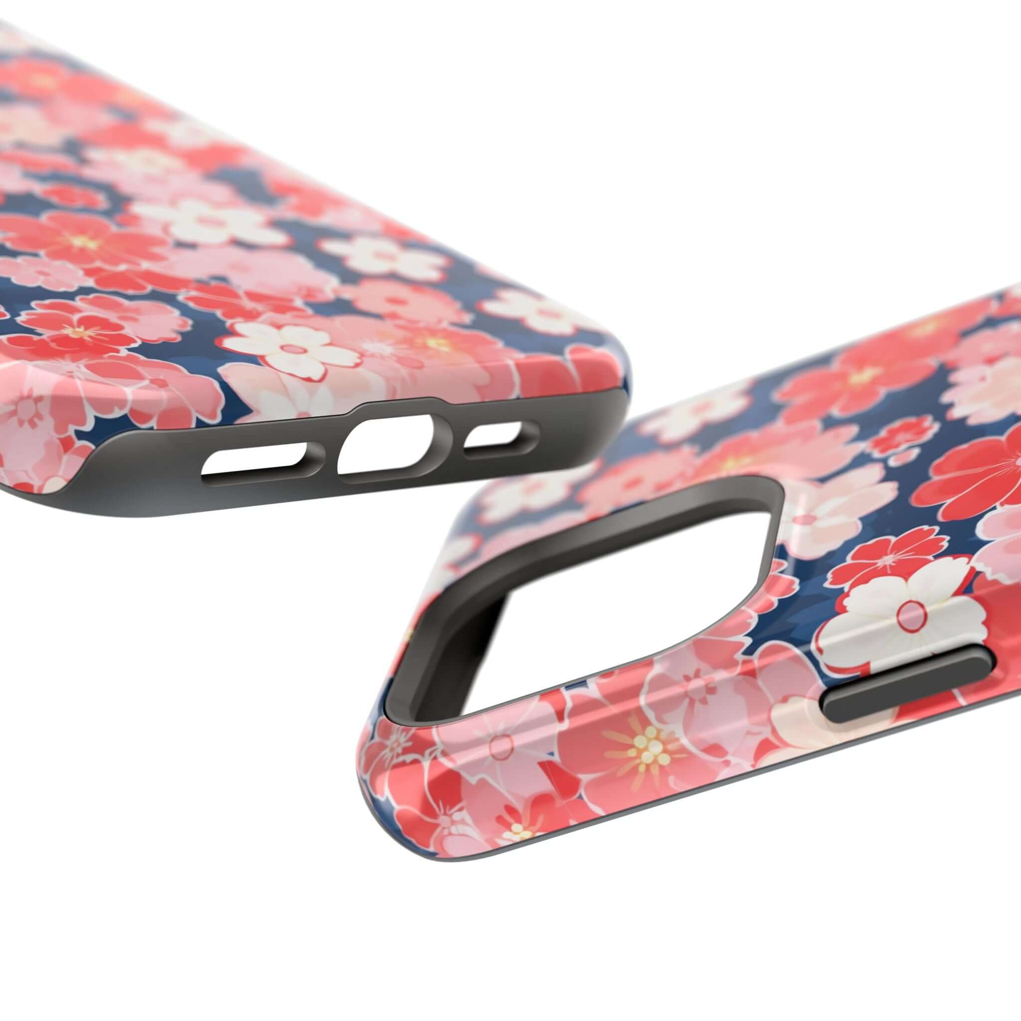 Pink floral iPhone 14 Pro Max phone case close-up, showcasing detailed flower design and precision cutouts