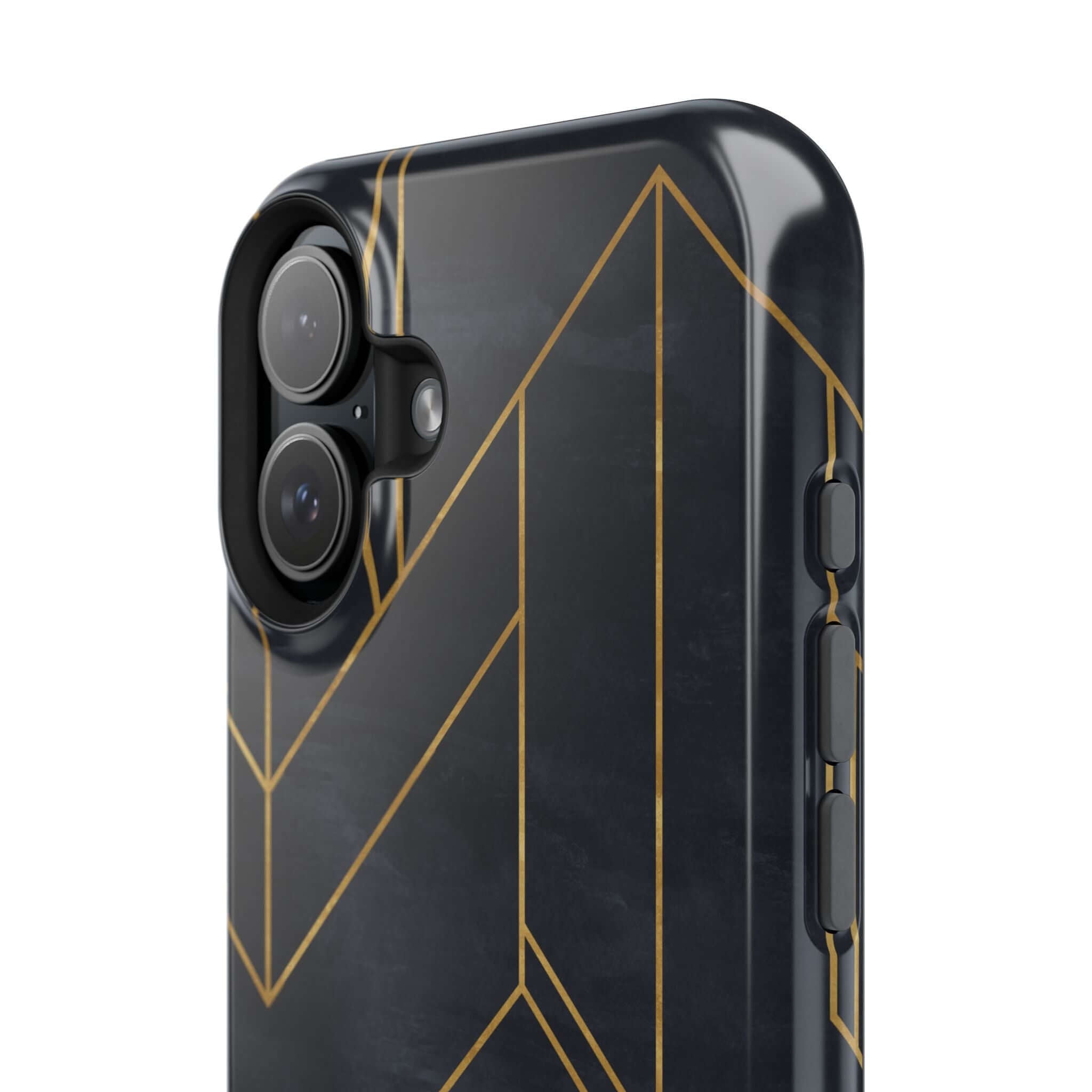 Modern geometric iPhone case with sleek black design and colorful abstract lines, offering a cute, trendy, and protective look.