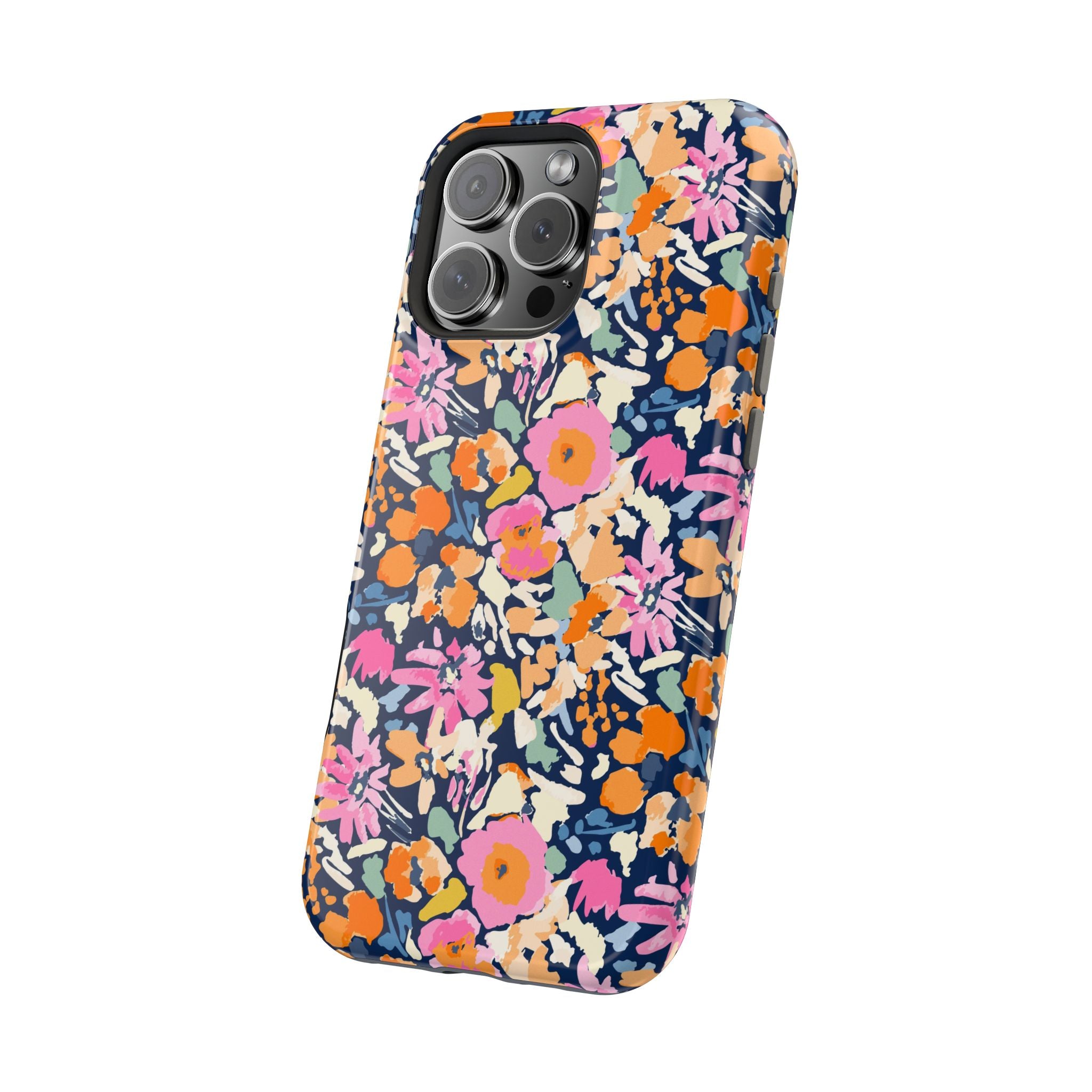 Cute MagSafe iPhone 16 case with colorful floral design, named Botanic Burst, showcasing protective and stylish phone cover.